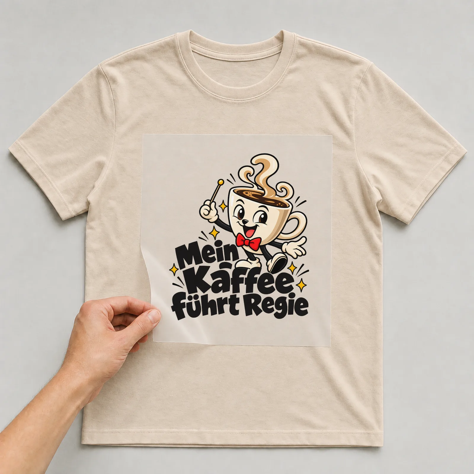 Bügelbild „Mein Kaffee führt Regie“ auf beigem T-Shirt, Folie wird aufgelegt