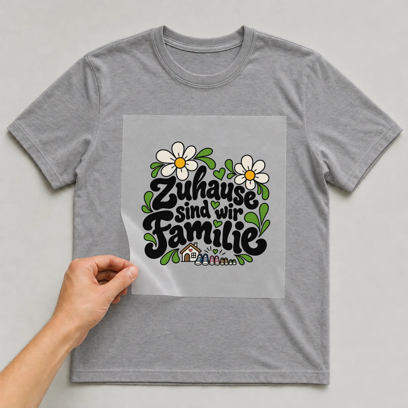 Bügelbild „Zuhause sind wir Familie“ auf grauem T-Shirt, Folie wird aufgelegt