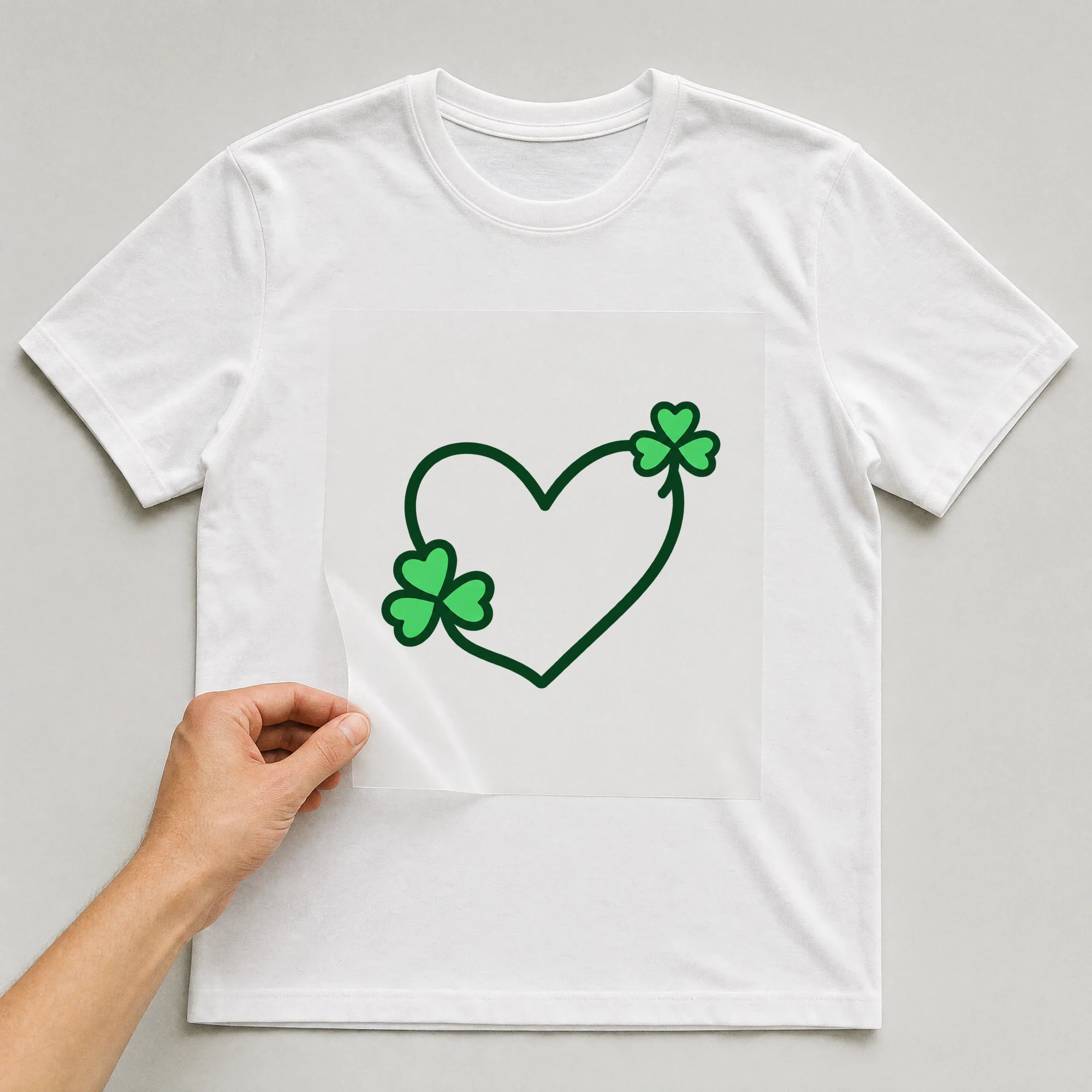 Bügelbild „St Patrick's Day Herz“ auf weißem T-Shirt, Folie wird aufgelegt