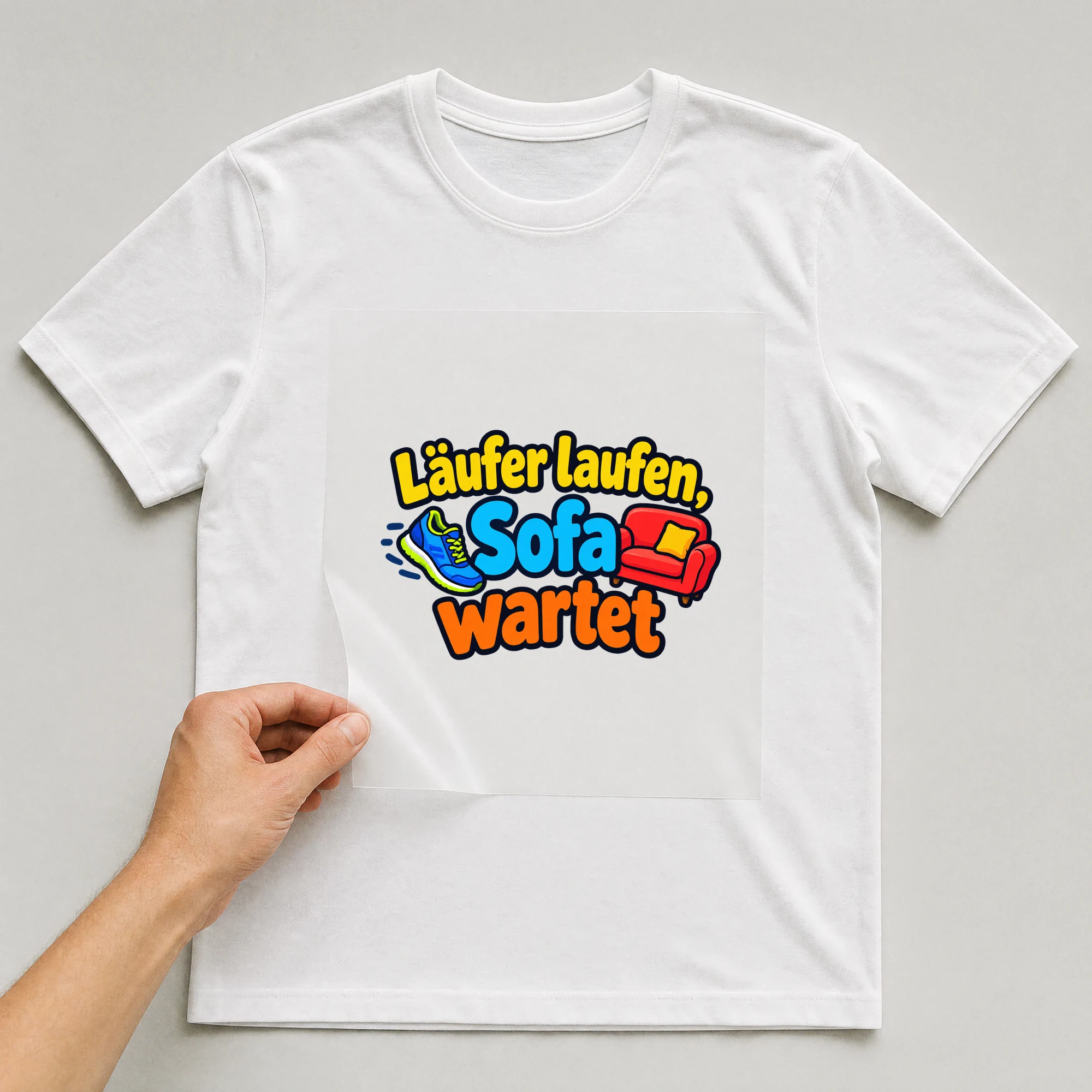 Bügelbild „Läufer laufen, Sofa wartet“ auf weißem T-Shirt, Folie wird aufgelegt