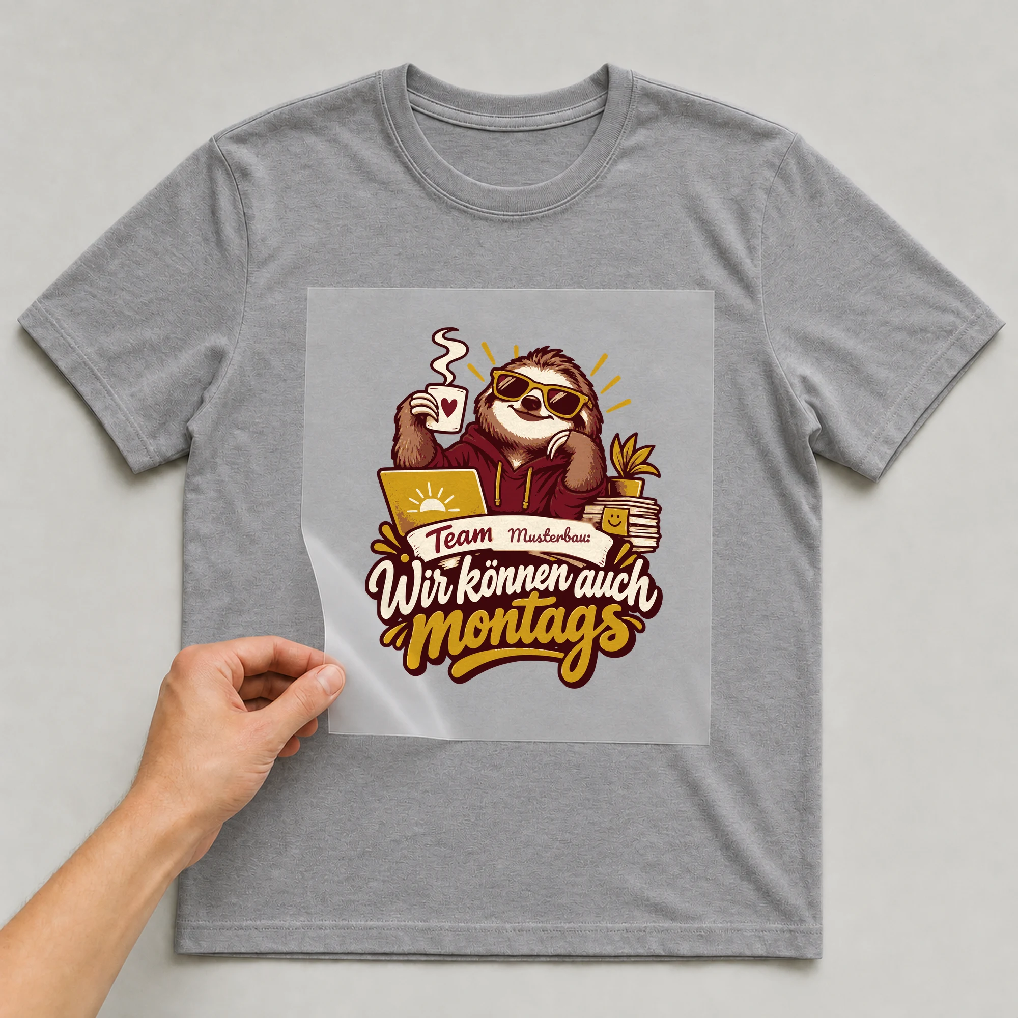 Bügelbild Team: Wir können auch montags mit Firma auf grauem T-Shirt, Folie wird aufgelegt