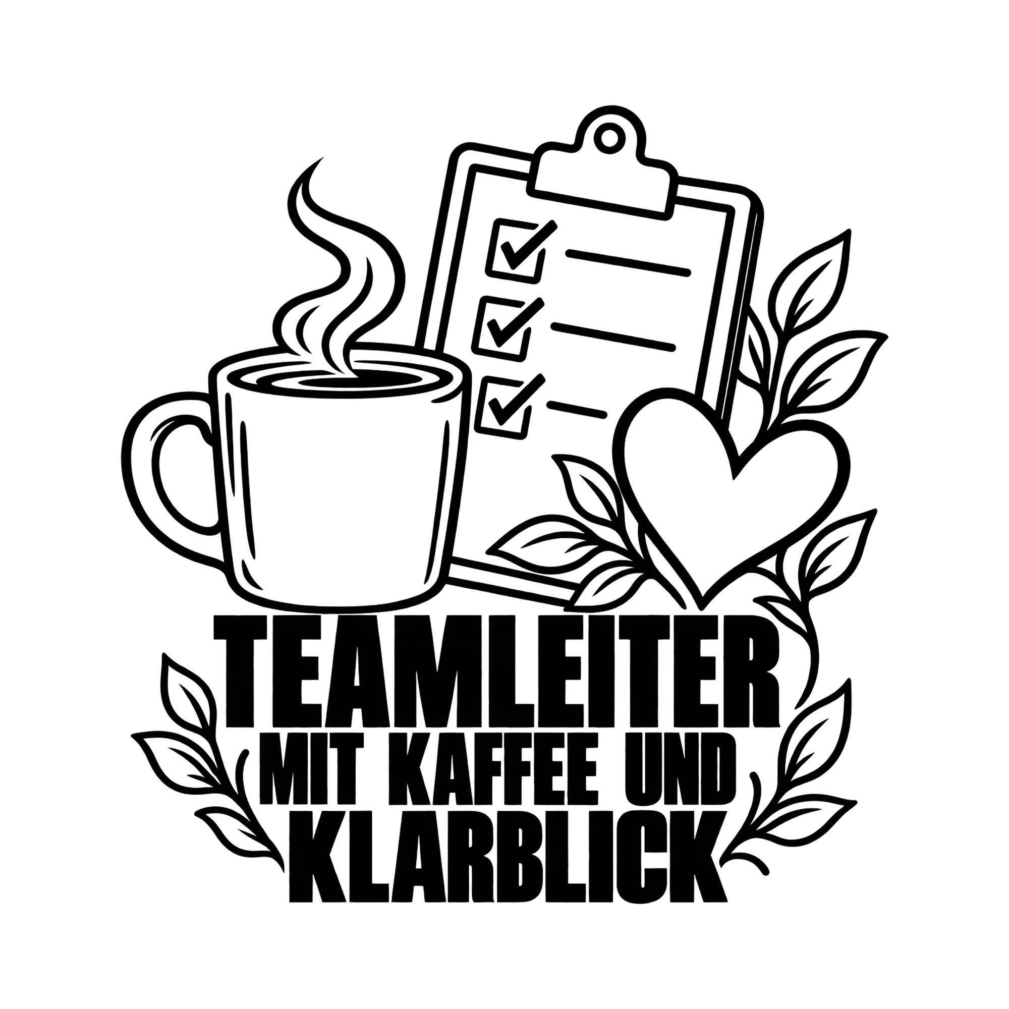 Bügelbild TEAMLEITER MIT KAFFEE UND KLARBLICK als Grafik auf weißem Hintergrund (BB012227)