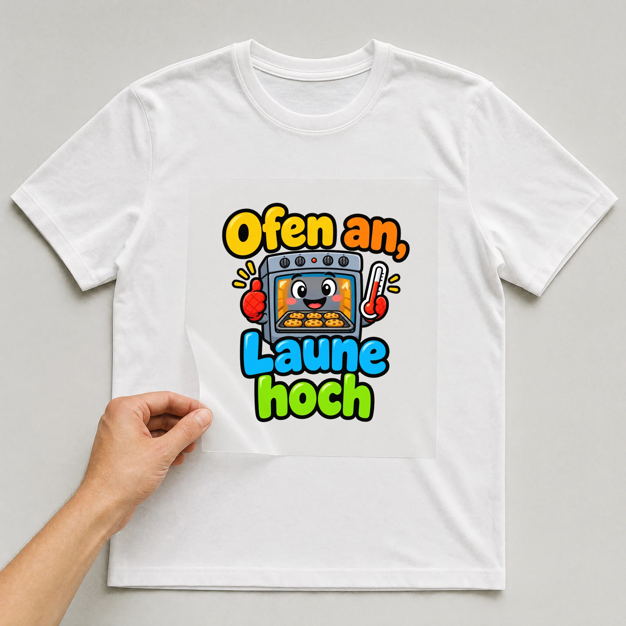 Bügelbild „Ofen an, Laune hoch“ auf weißem T-Shirt, Folie wird aufgelegt