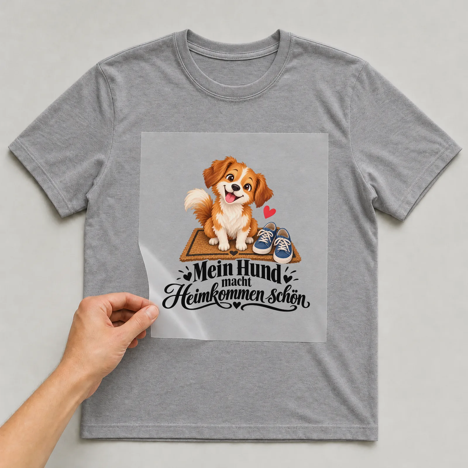 Bügelbild „Mein Hund macht Heimkommen schön“ auf grauem T-Shirt, Folie wird aufgelegt