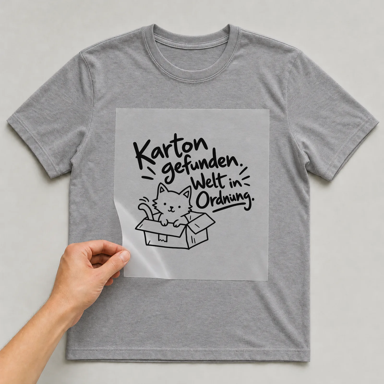Bügelbild „Karton gefunden. Welt in Ordnung.“ auf grauem T-Shirt, Folie wird aufgelegt