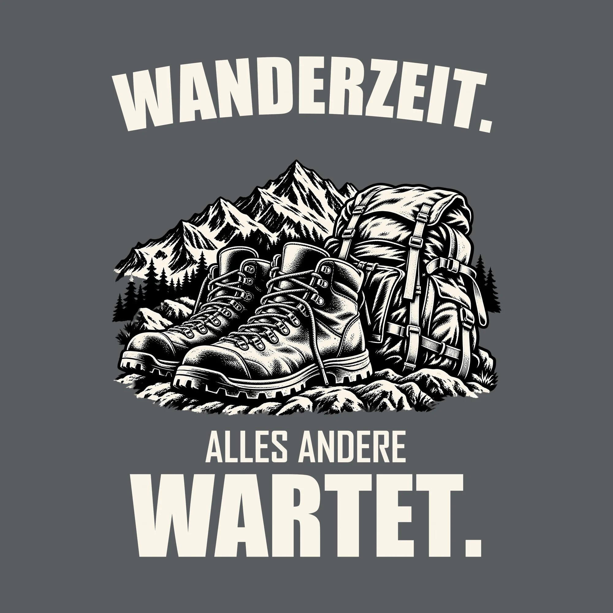 Bügelbild WANDERZEIT. ALLES ANDERE WARTET. als Grafik auf dunklem Hintergrund (BB013171)