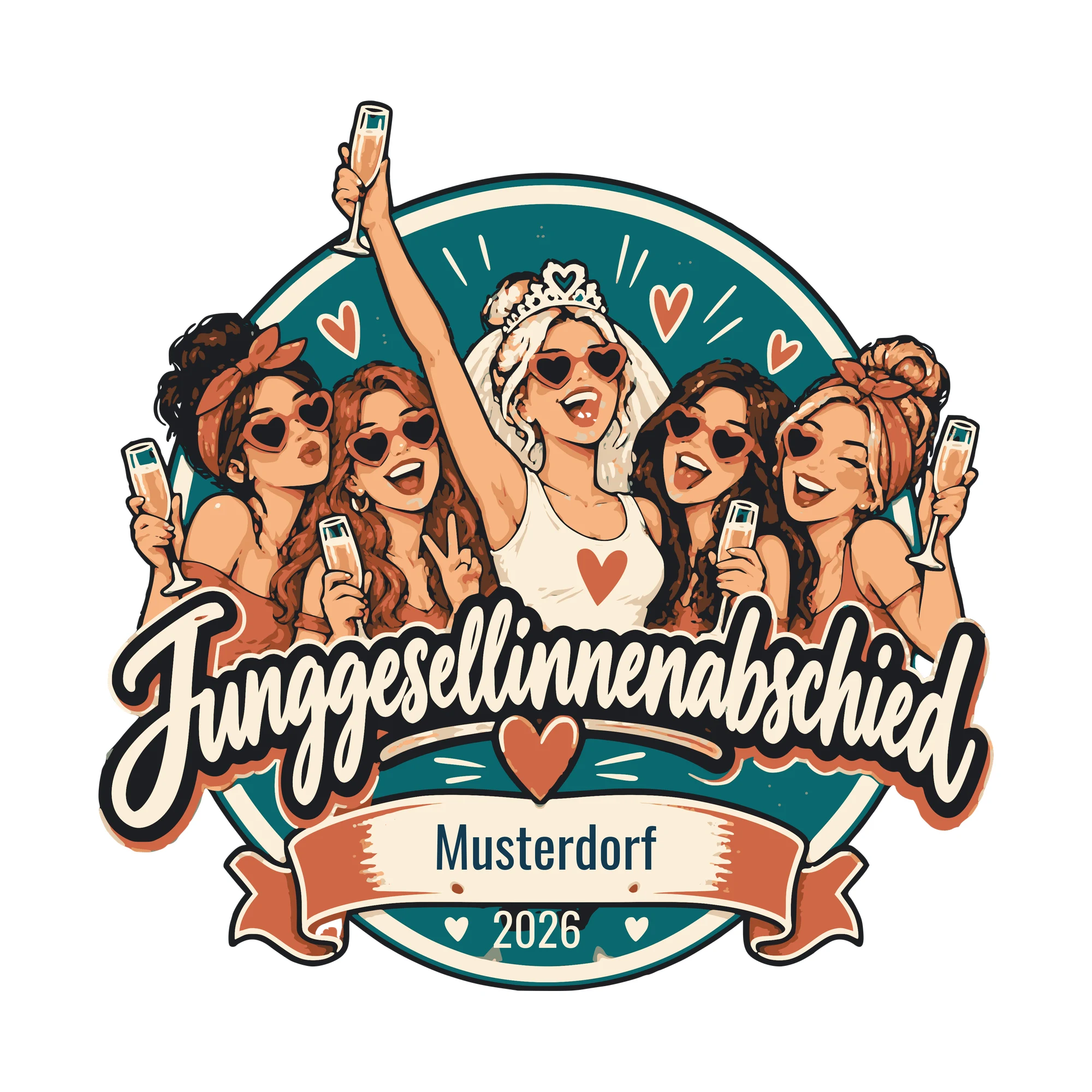 Bügelbild Junggesellinnenabschied mit Ort und Jahr als Grafik auf weißem Hintergrund (BB011292)