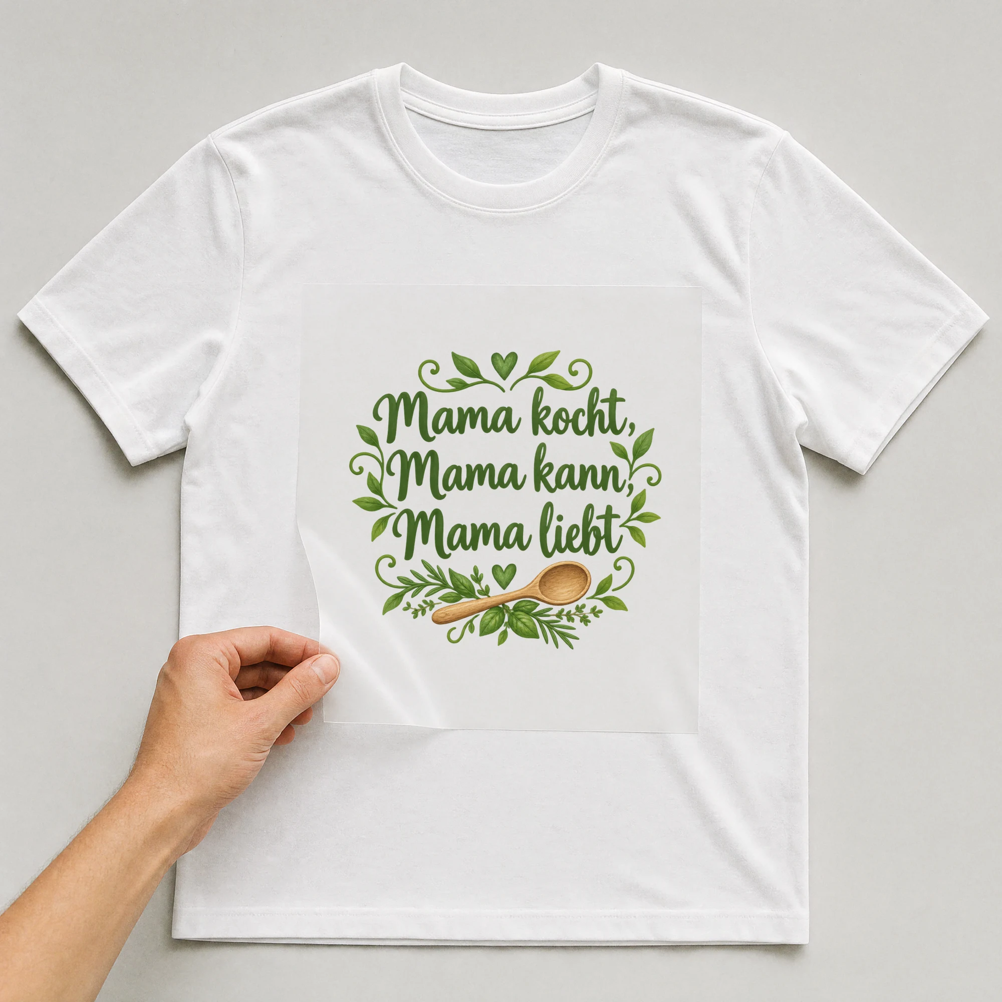 Bügelbild „Mama kocht, Mama kann, Mama liebt“ auf weißem T-Shirt, Folie wird aufgelegt