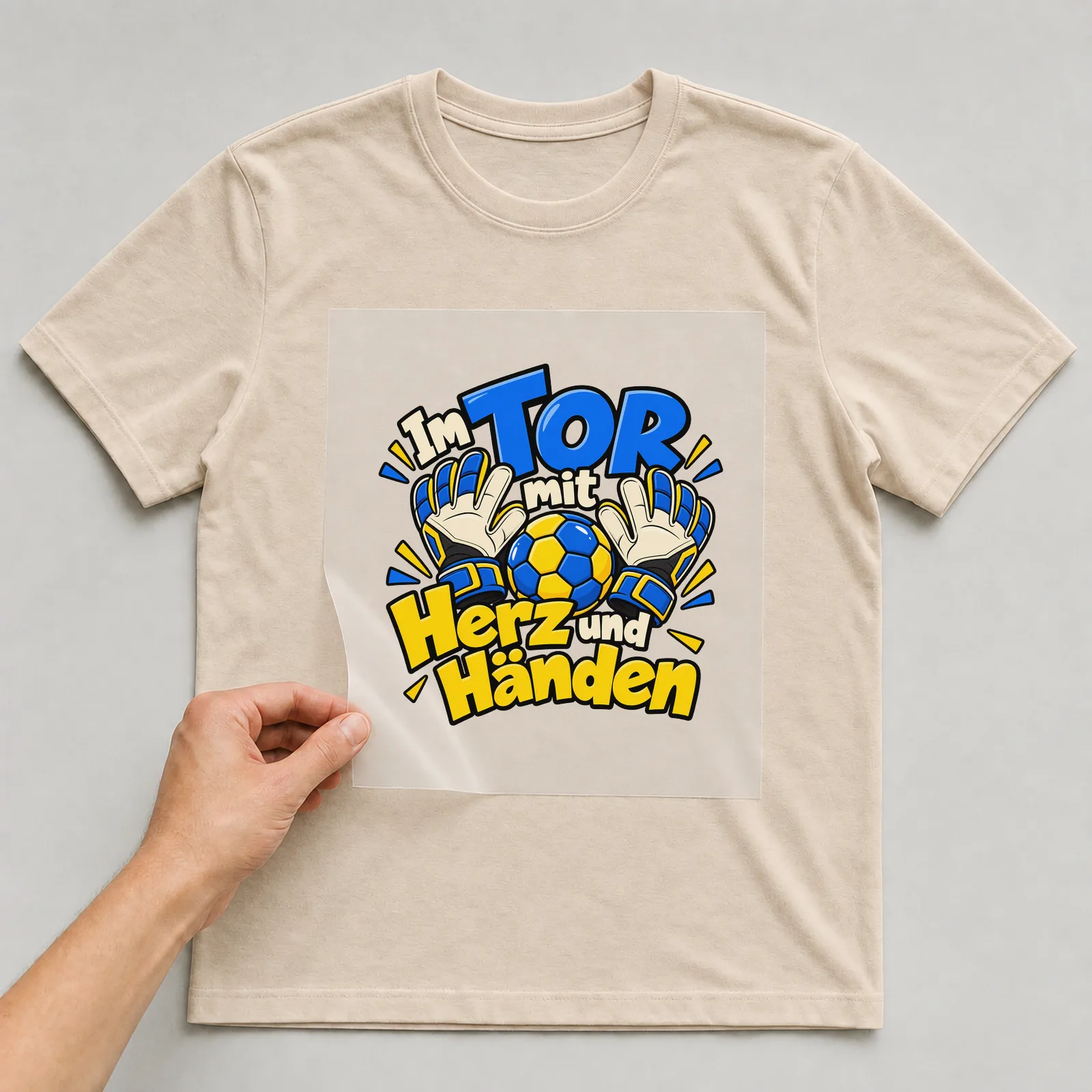 Bügelbild „Im Tor mit Herz und Händen“ auf beigem T-Shirt, Folie wird aufgelegt