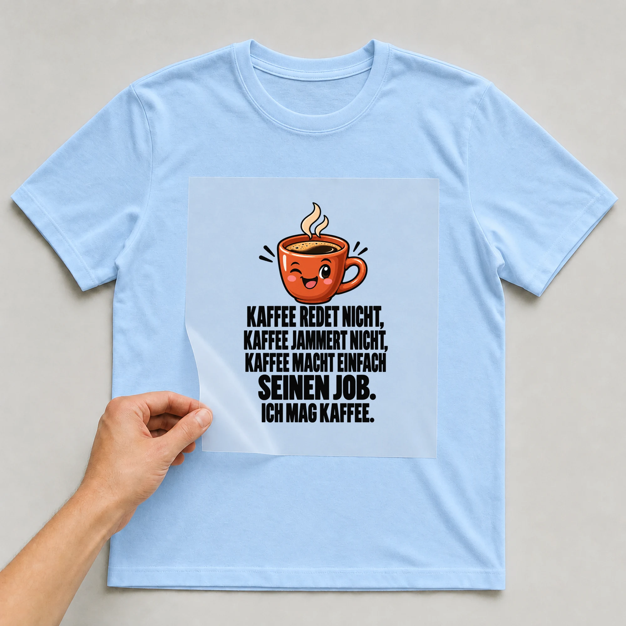 Bügelbild „Kaffee redet nicht, Kaffee jammert nicht, Kaffee macht einfach seinen Job. Ich“ auf babyblauem T-Shirt, Folie wird aufgelegt