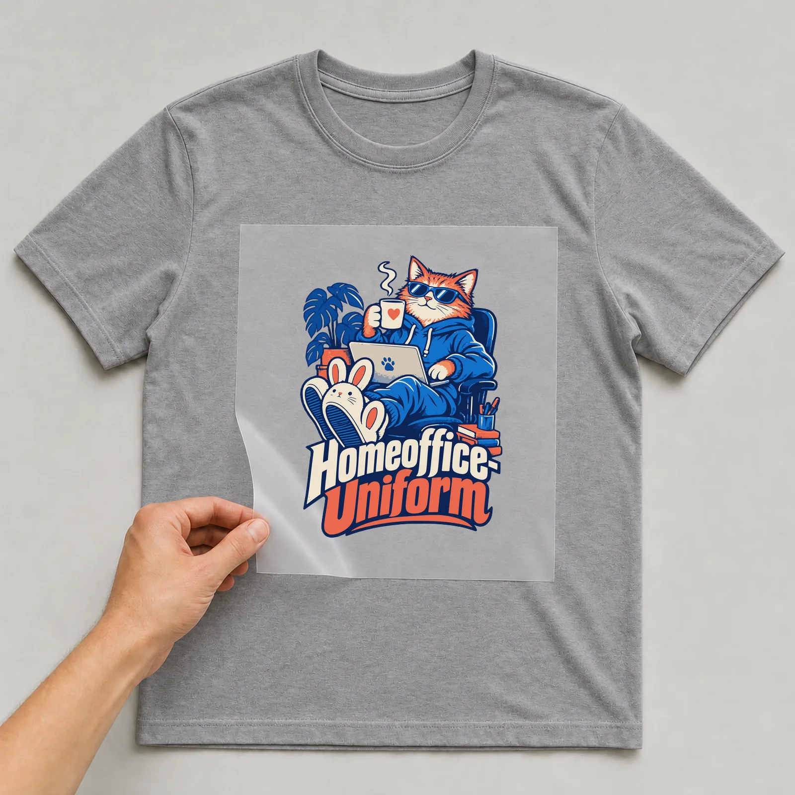 Bügelbild Homeoffice-Uniform auf grauem T-Shirt, Folie wird aufgelegt