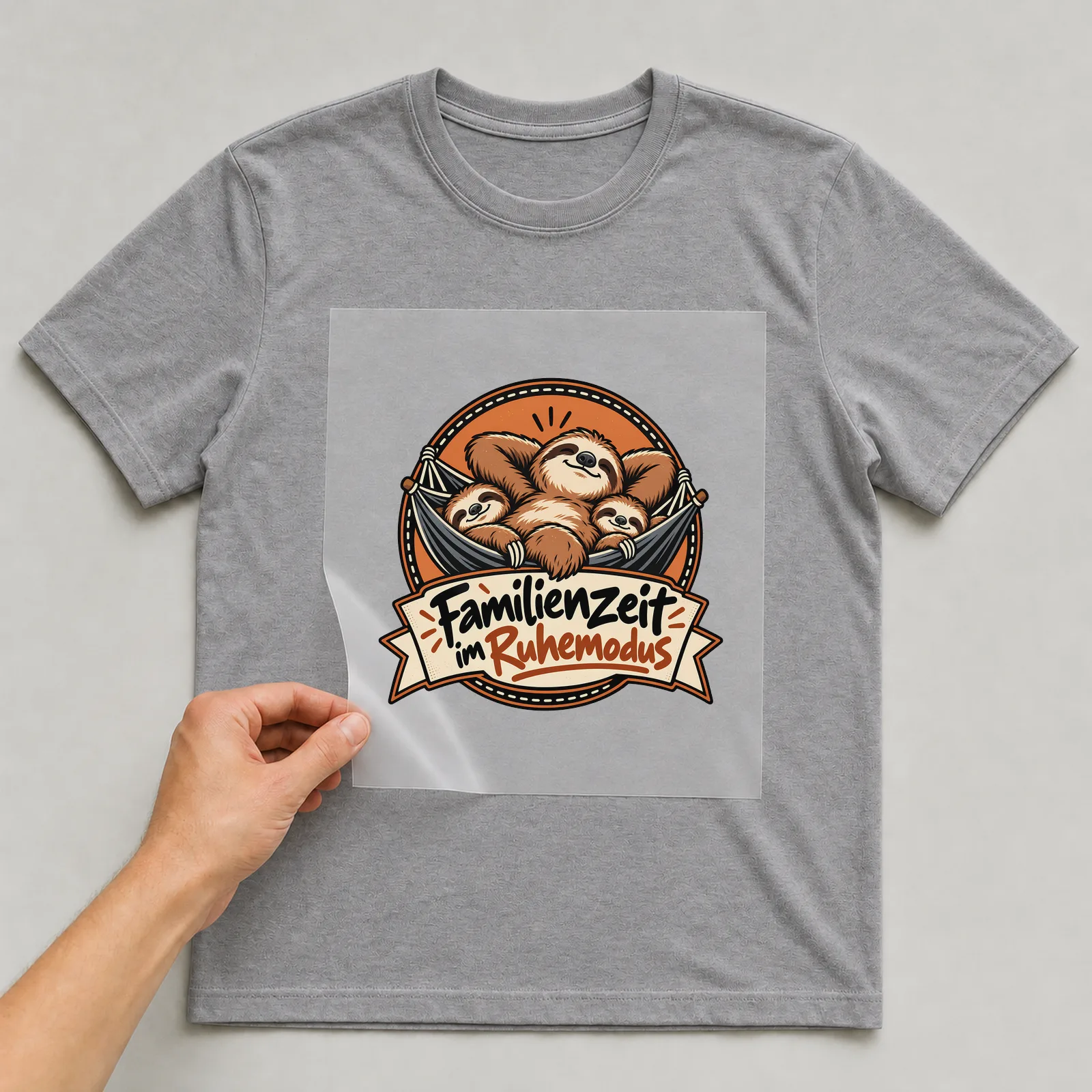 Bügelbild „Familienzeit im Ruhemodus“ auf grauem T-Shirt, Folie wird aufgelegt