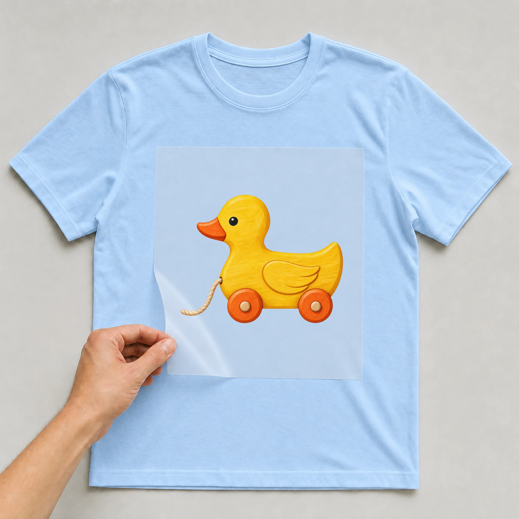 Bügelbild „Baby Comic - Ente“ auf babyblauem T-Shirt, Folie wird aufgelegt