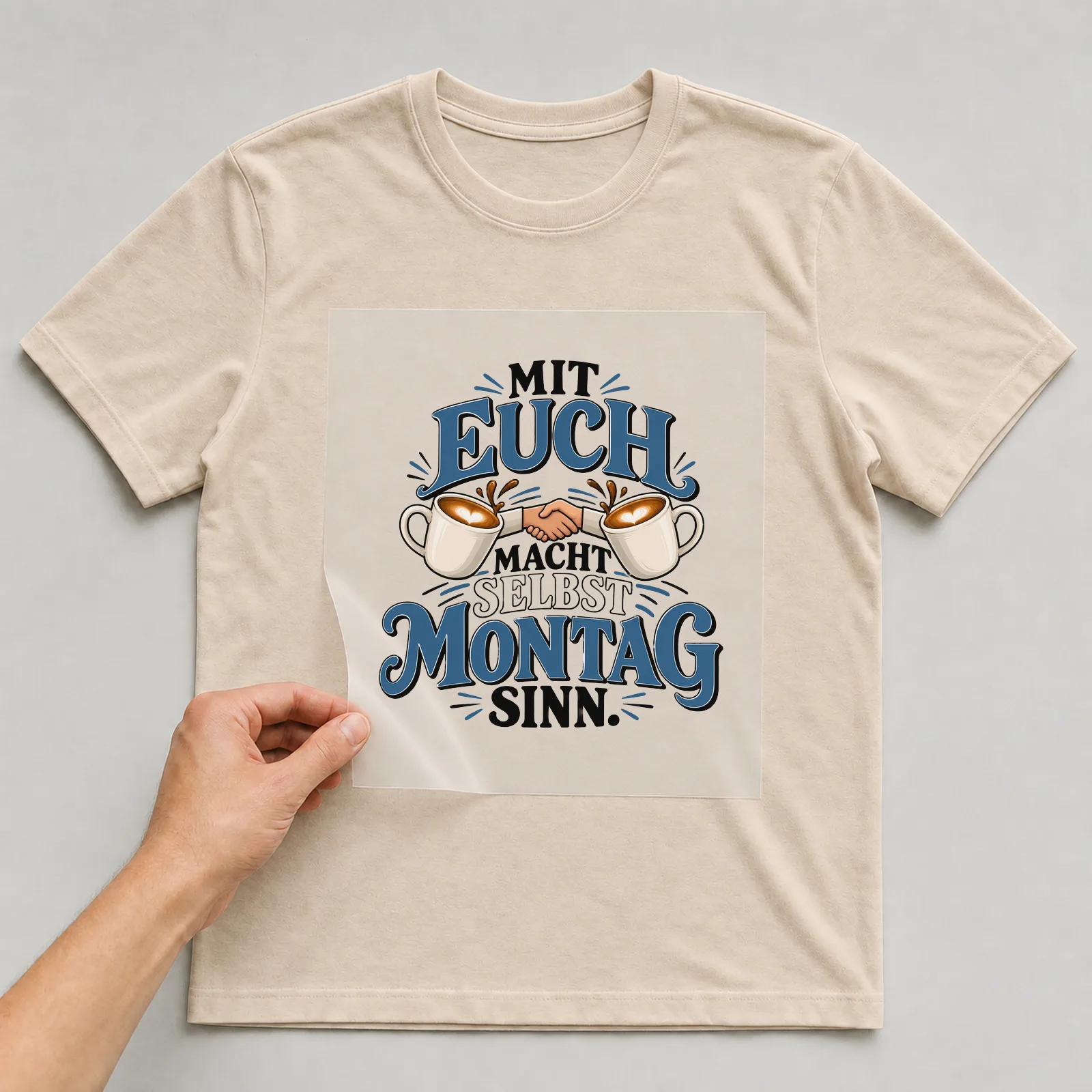 Bügelbild „Mit euch macht selbst Montag Sinn“ auf beigem T-Shirt, Folie wird aufgelegt