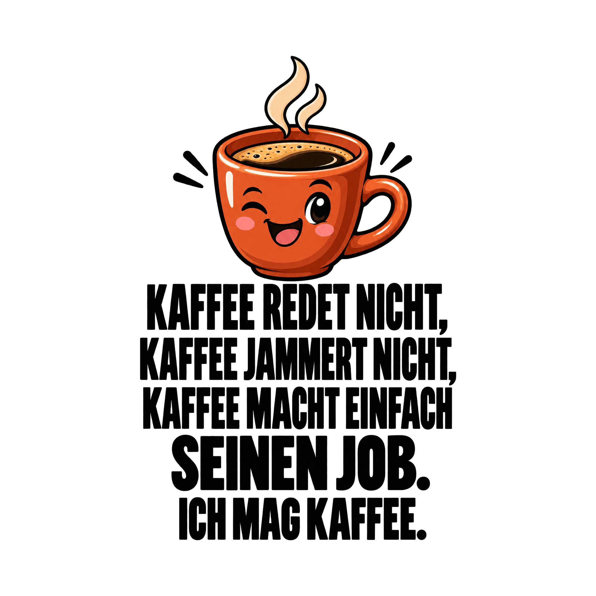 Bügelbild „Kaffee redet nicht, Kaffee jammert nicht, Kaffee macht einfach seinen Job. Ich“ als Grafik auf weißem Hintergrund (BB015064)