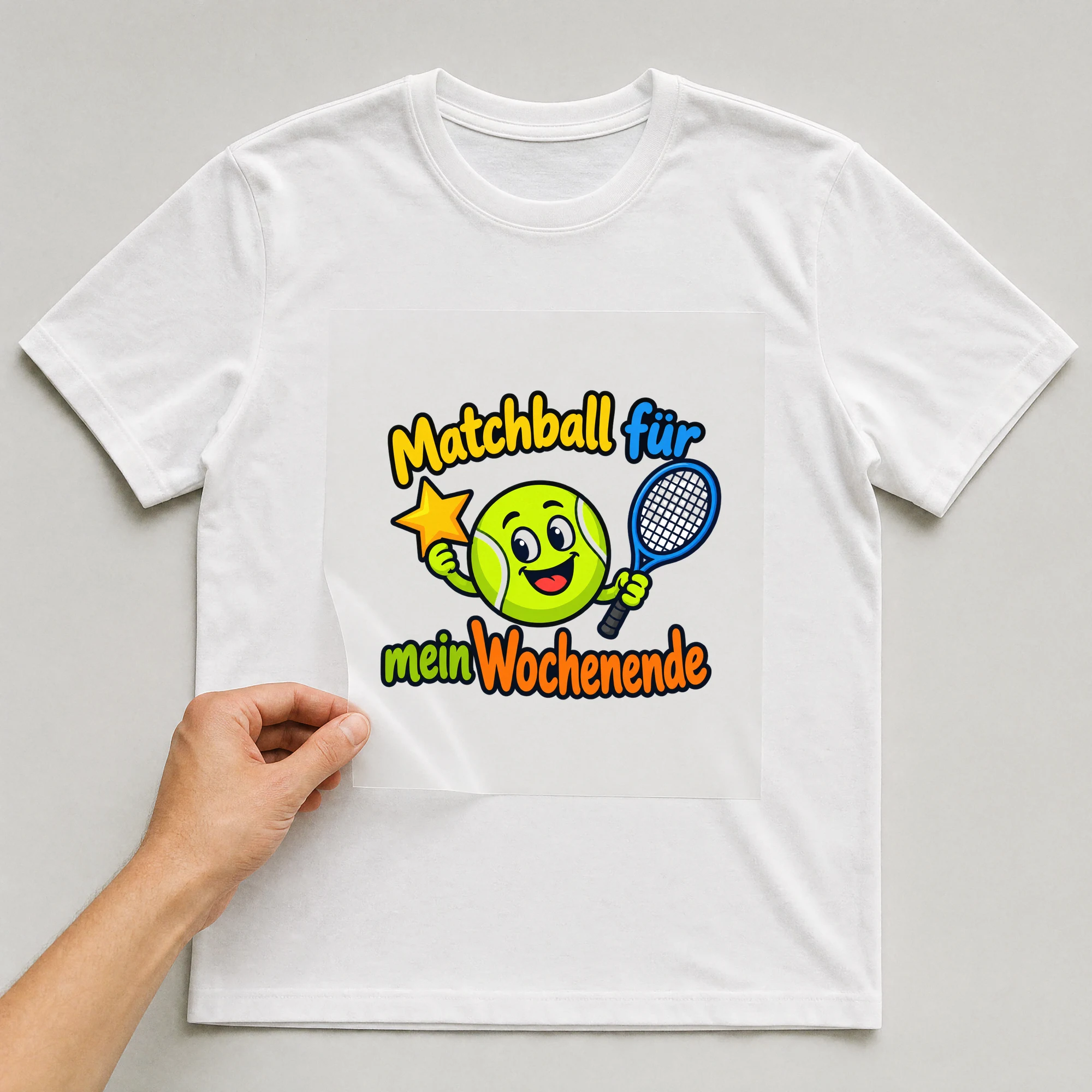 Bügelbild „Matchball für mein Wochenende“ auf weißem T-Shirt, Folie wird aufgelegt