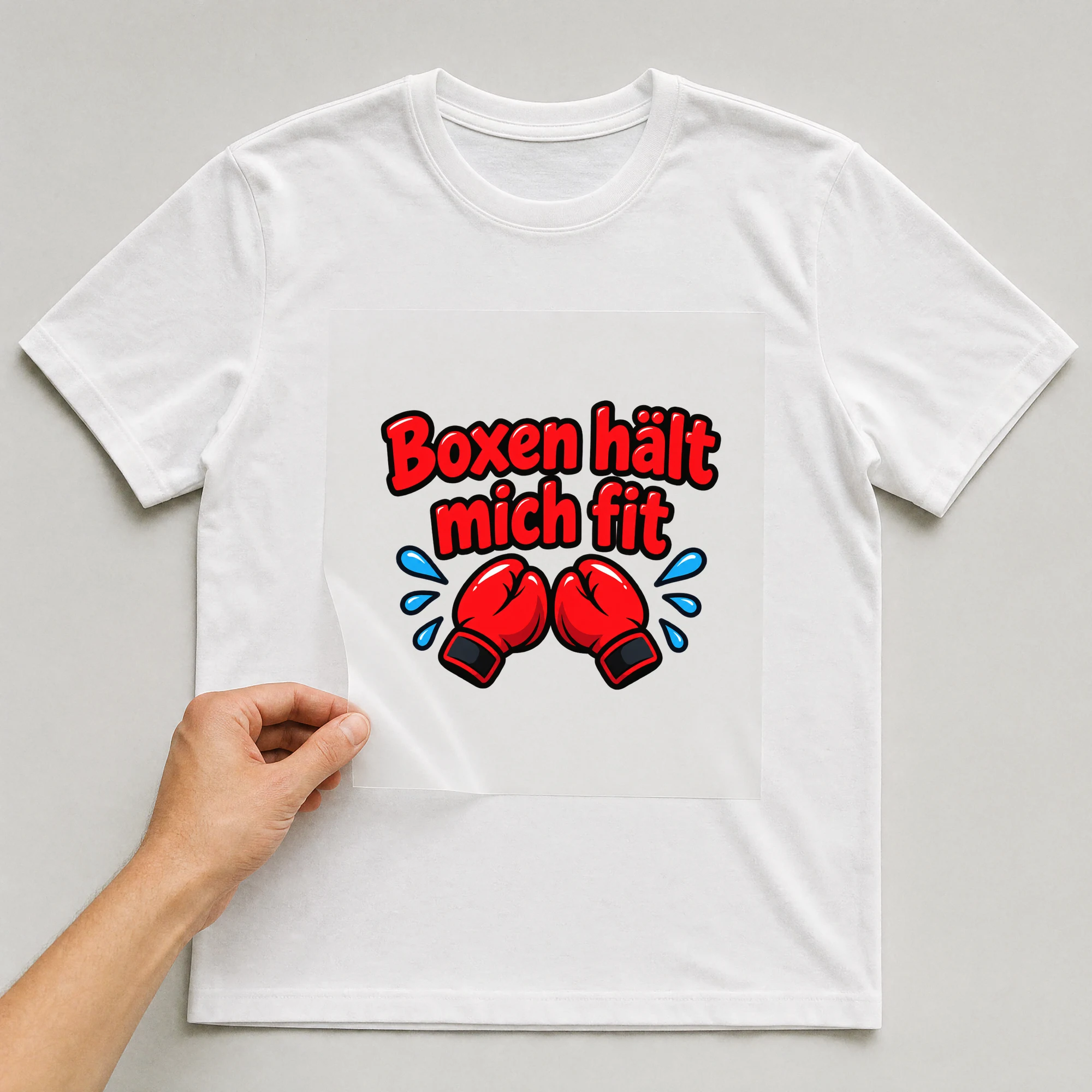 Bügelbild „Boxen hält mich fit“ auf weißem T-Shirt, Folie wird aufgelegt