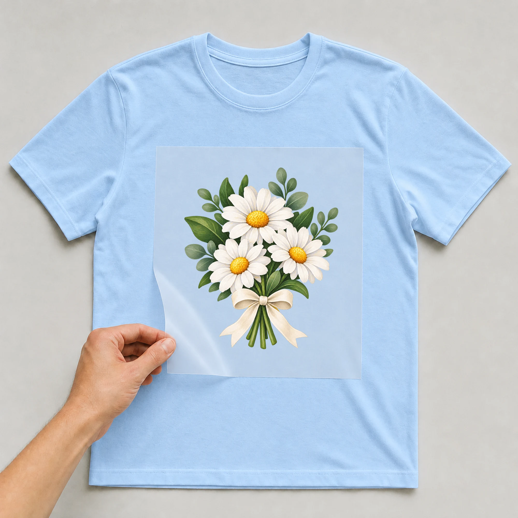 Bügelbild „Team Bride Flowers“ auf babyblauem T-Shirt, Folie wird aufgelegt