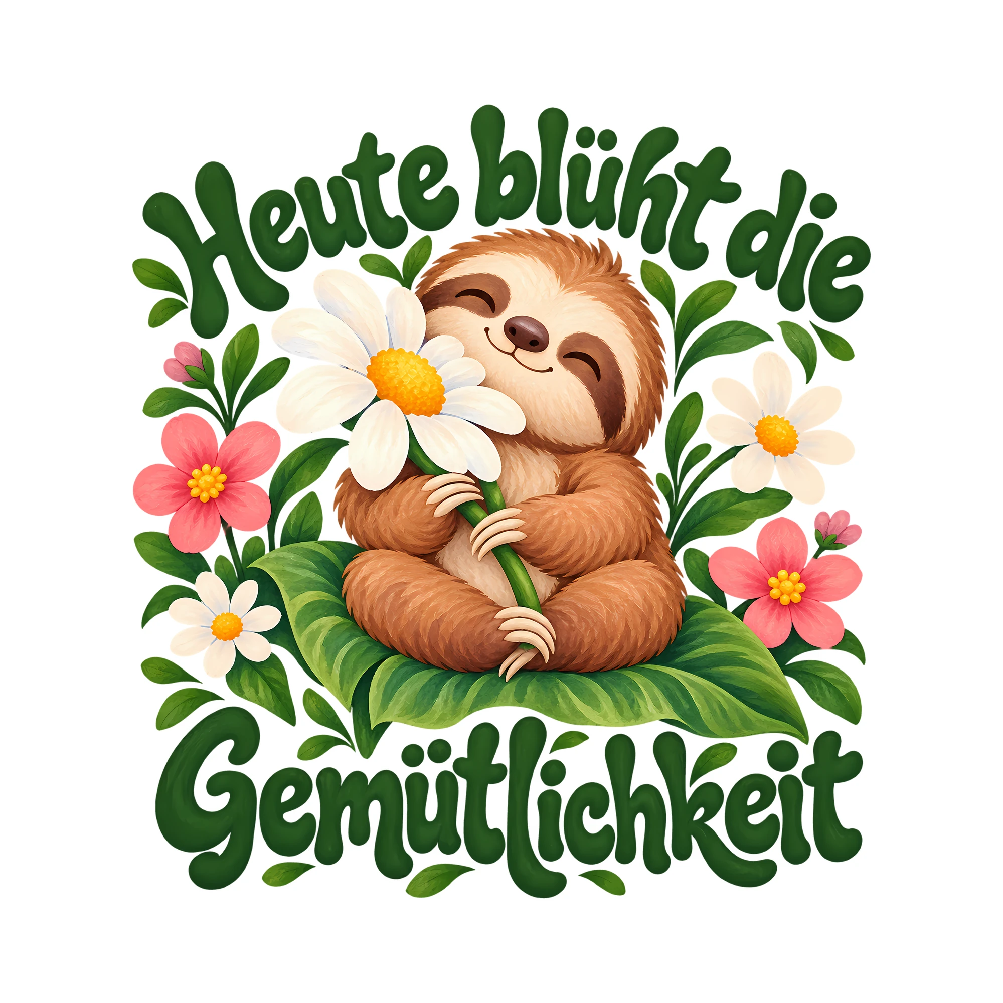 Bügelbild Heute blüht die Gemütlichkeit als Grafik auf weißem Hintergrund (BB013267)