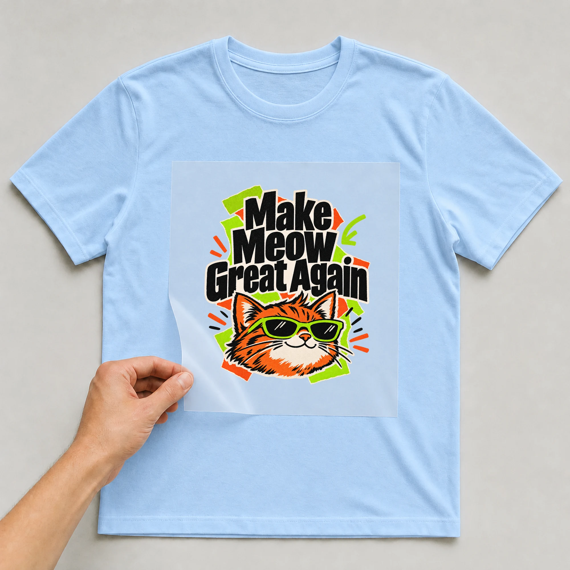 Bügelbild „Make Meow Great Again“ auf babyblauem T-Shirt, Folie wird aufgelegt