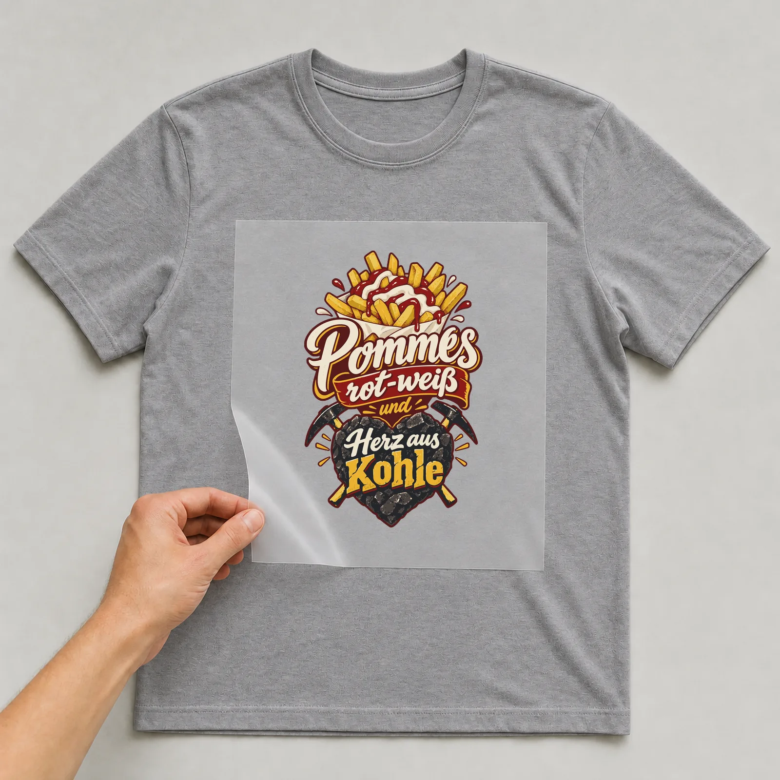 Bügelbild Pommes rot-weiß und Herz aus Kohle auf grauem T-Shirt, Folie wird aufgelegt
