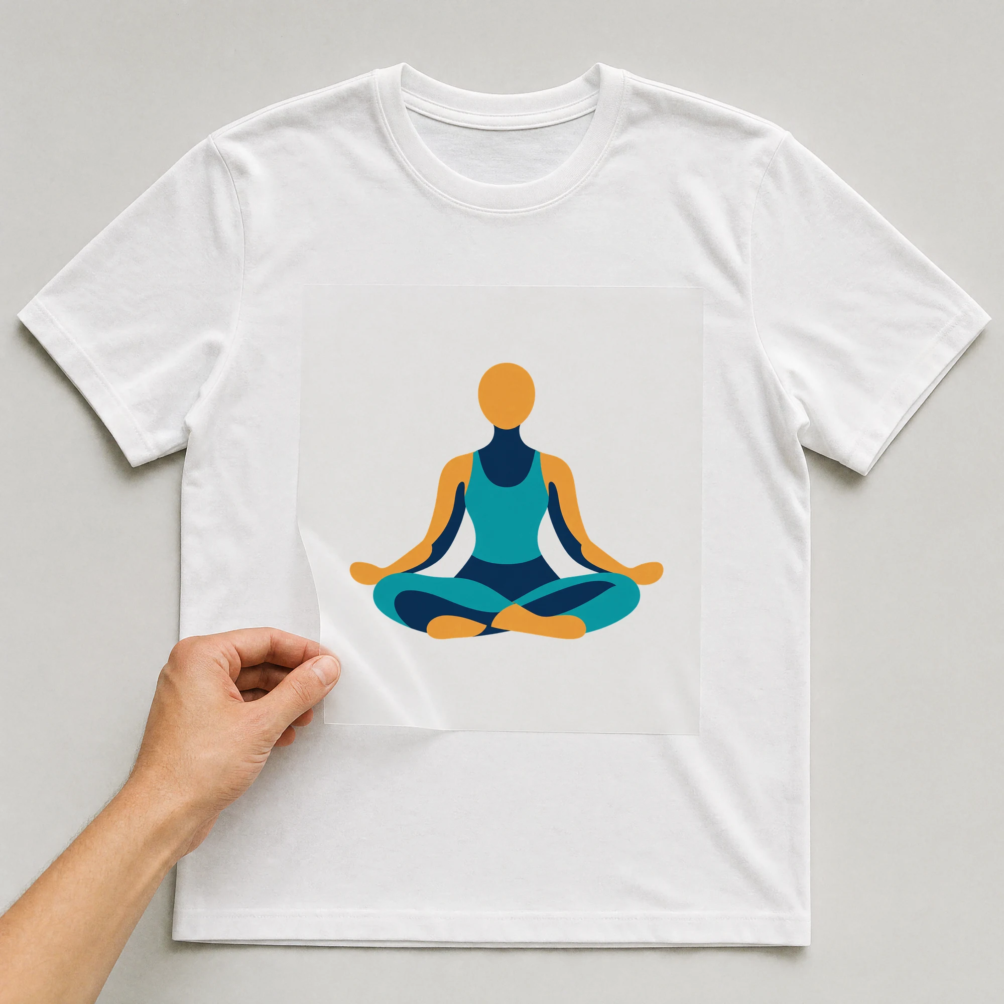 Bügelbild „Geometrisch Yoga“ auf weißem T-Shirt, Folie wird aufgelegt