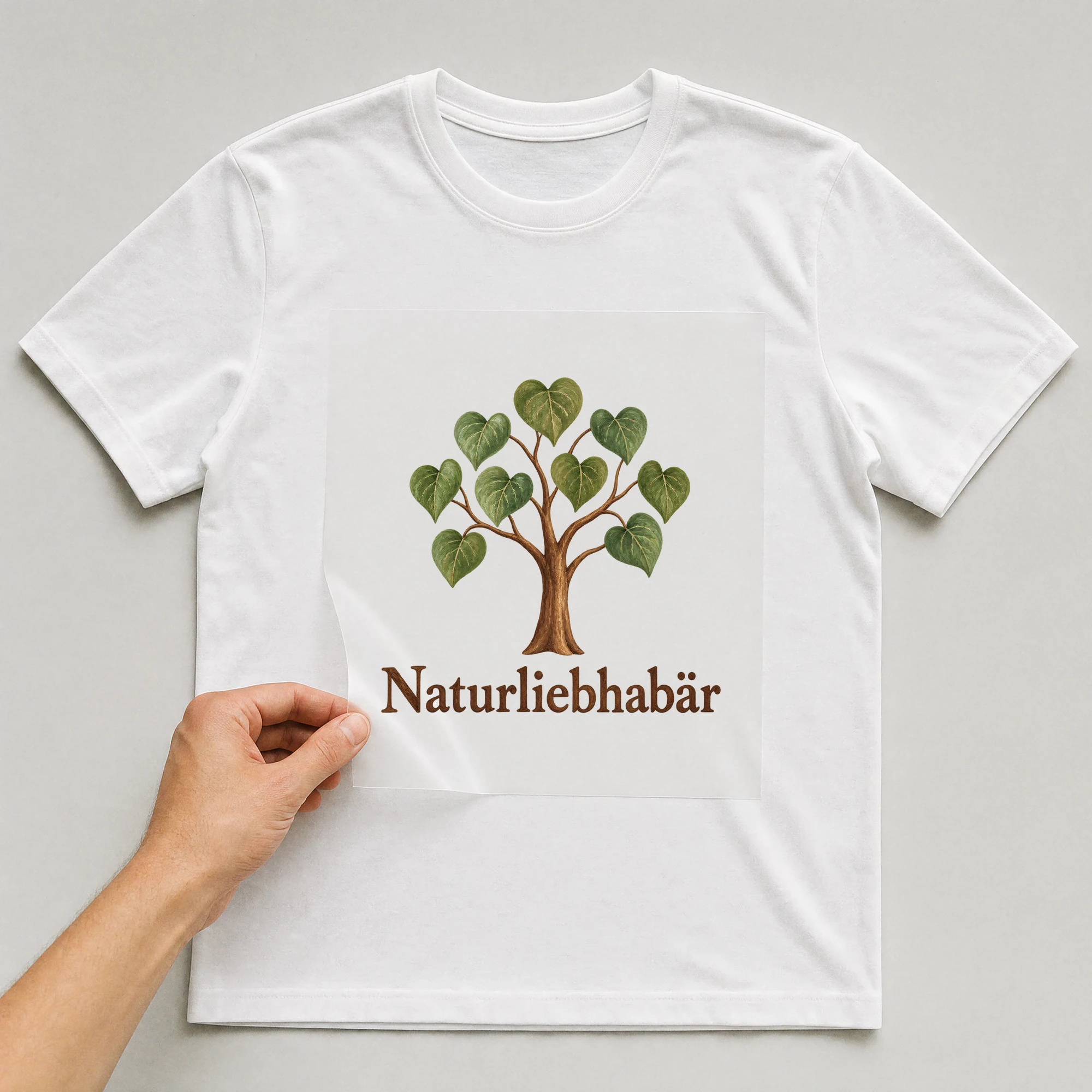 Bügelbild „Naturliebhabär“ auf weißem T-Shirt, Folie wird aufgelegt