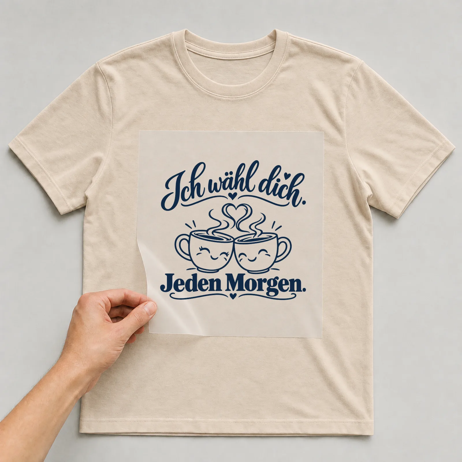 Bügelbild „Ich wähl dich. Jeden Morgen.“ auf beigem T-Shirt, Folie wird aufgelegt