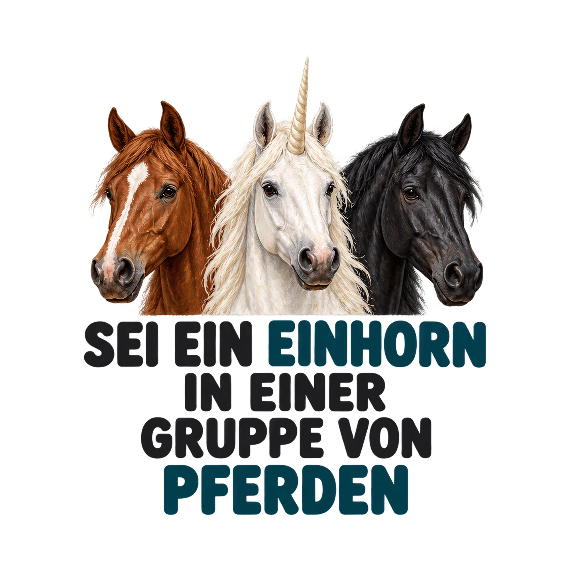 Bügelbild Sei ein Einhorn in einer Gruppe von pferden, Tiere Shirt Spruch als Grafik auf weißem Hintergrund (BB018319)
