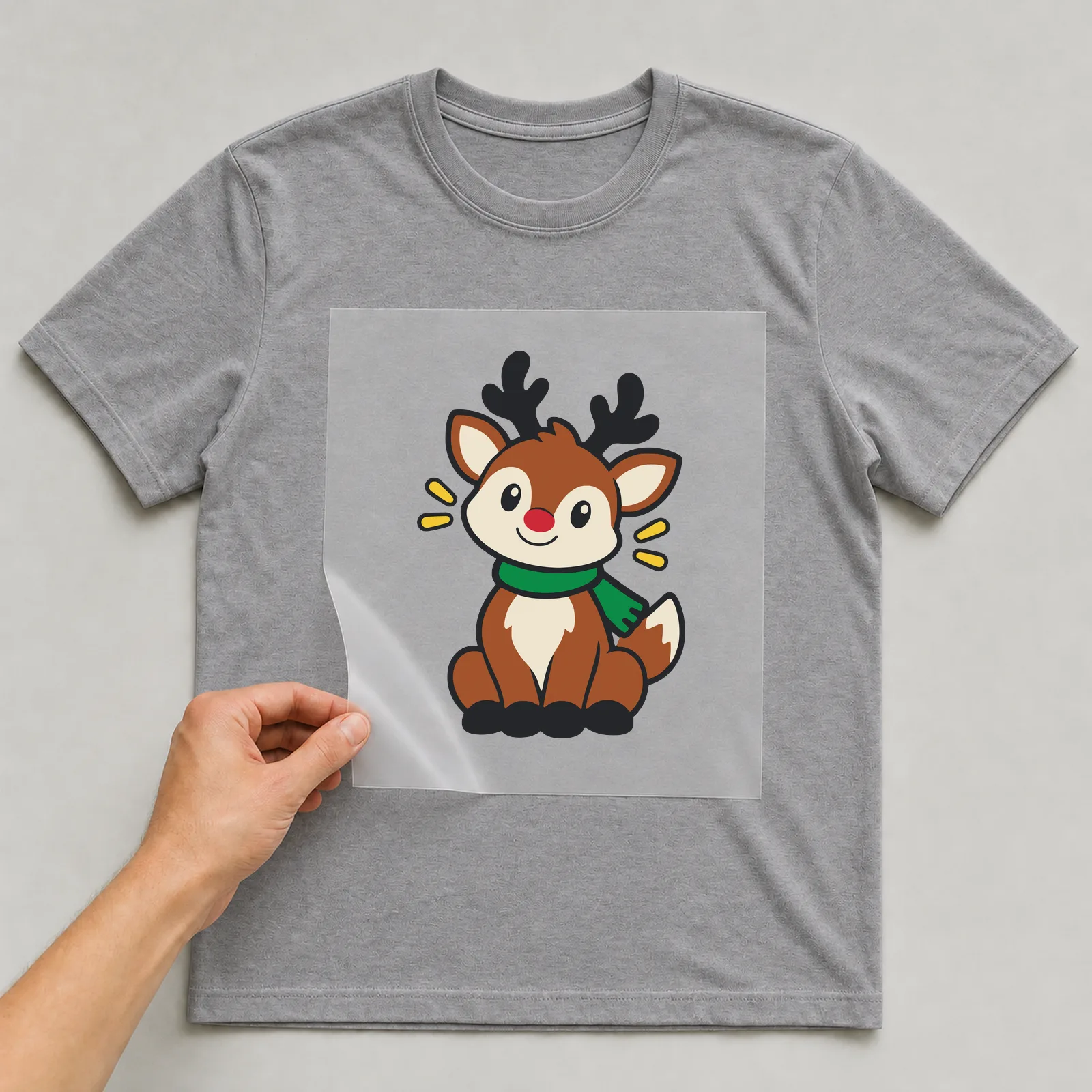Bügelbild Rentier im Comic-Stil auf grauem T-Shirt, Folie wird aufgelegt