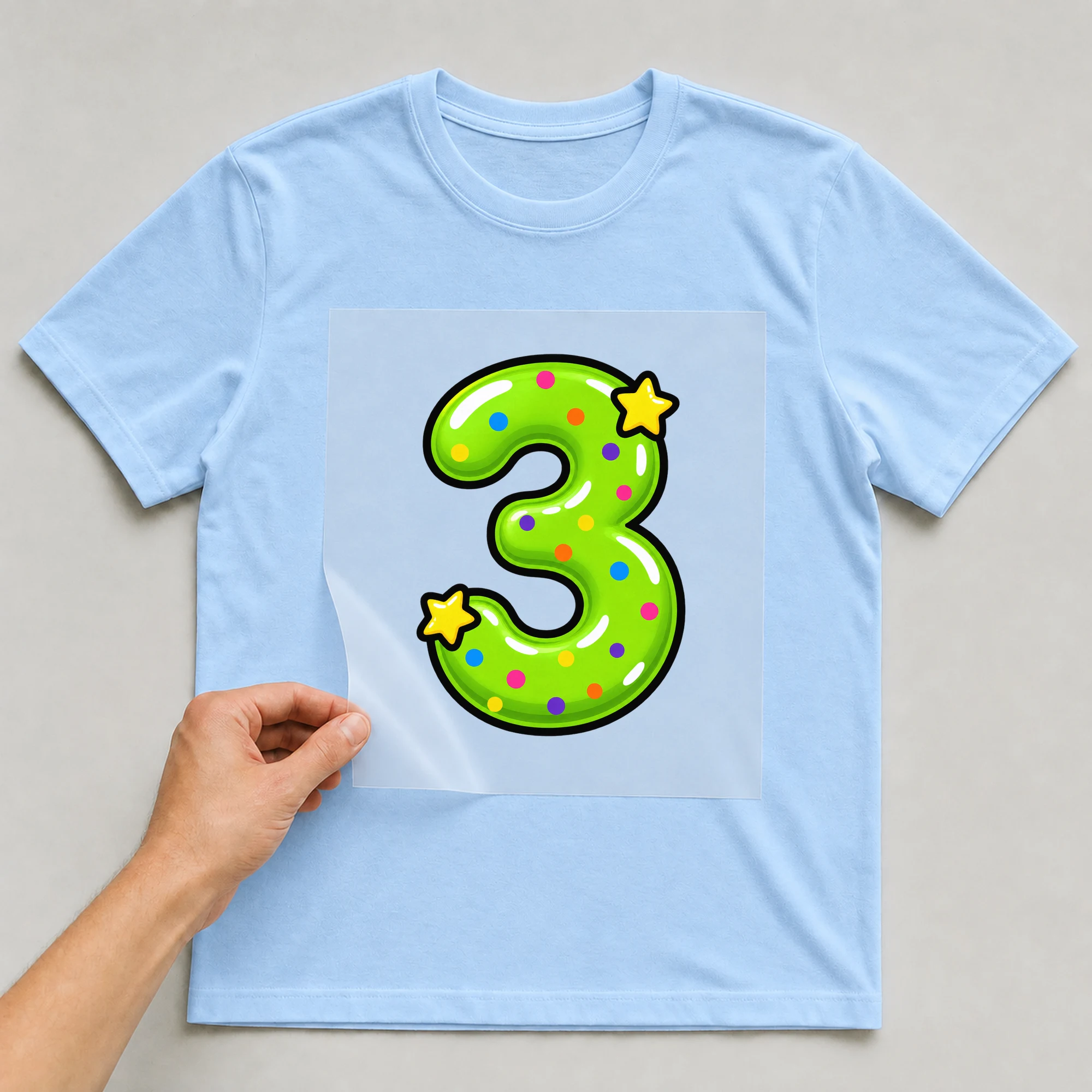 Bügelbild „Zahl 3 im Comic-Ballon-Stil“ auf babyblauem T-Shirt, Folie wird aufgelegt
