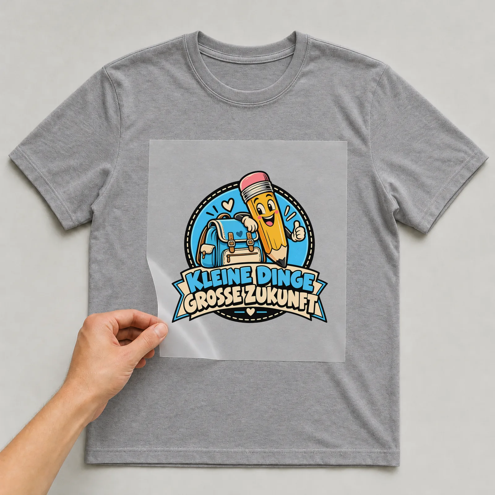 Bügelbild „Kleine Dinge große Zukunft“ auf grauem T-Shirt, Folie wird aufgelegt
