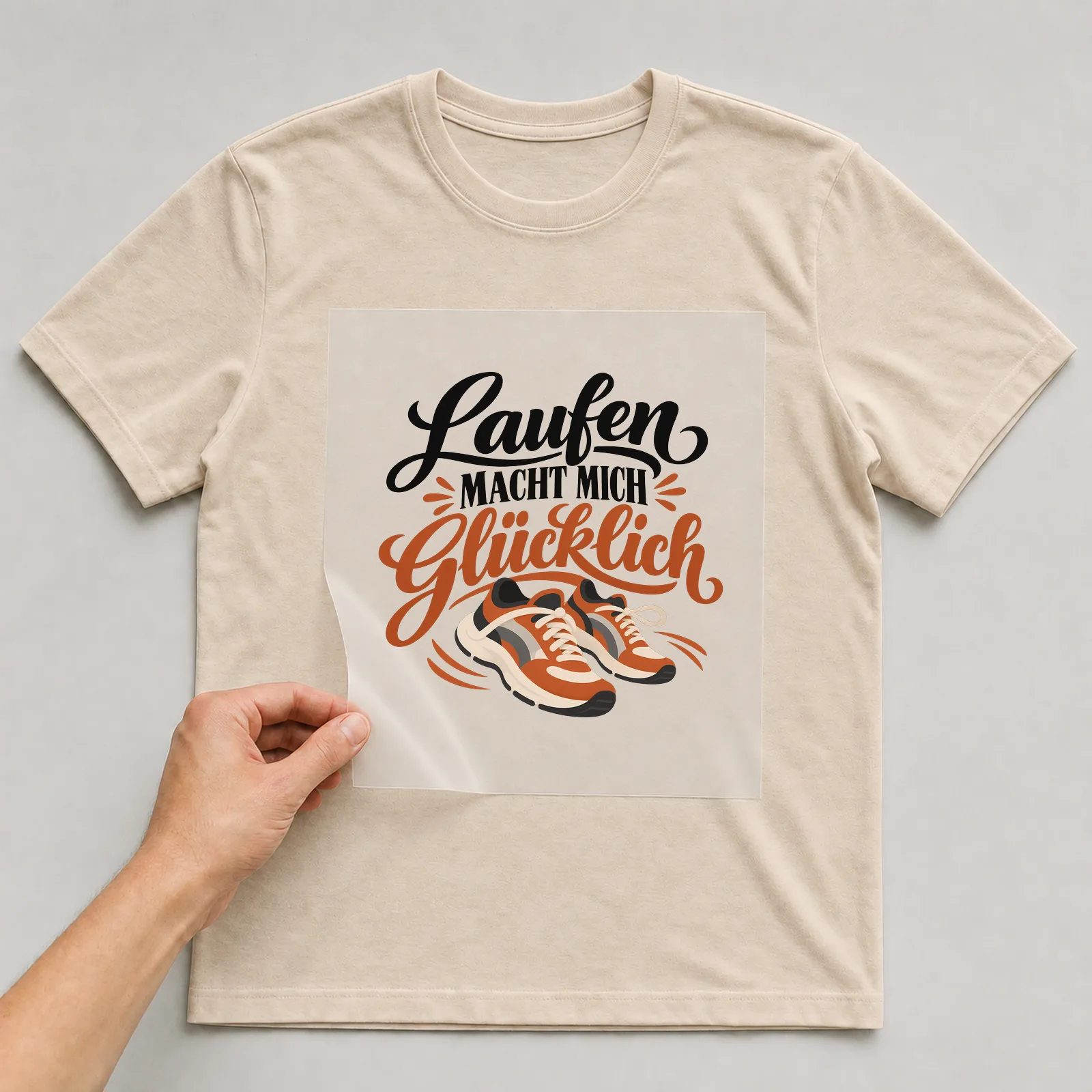 Bügelbild „Laufen macht mich glücklich“ auf beigem T-Shirt, Folie wird aufgelegt