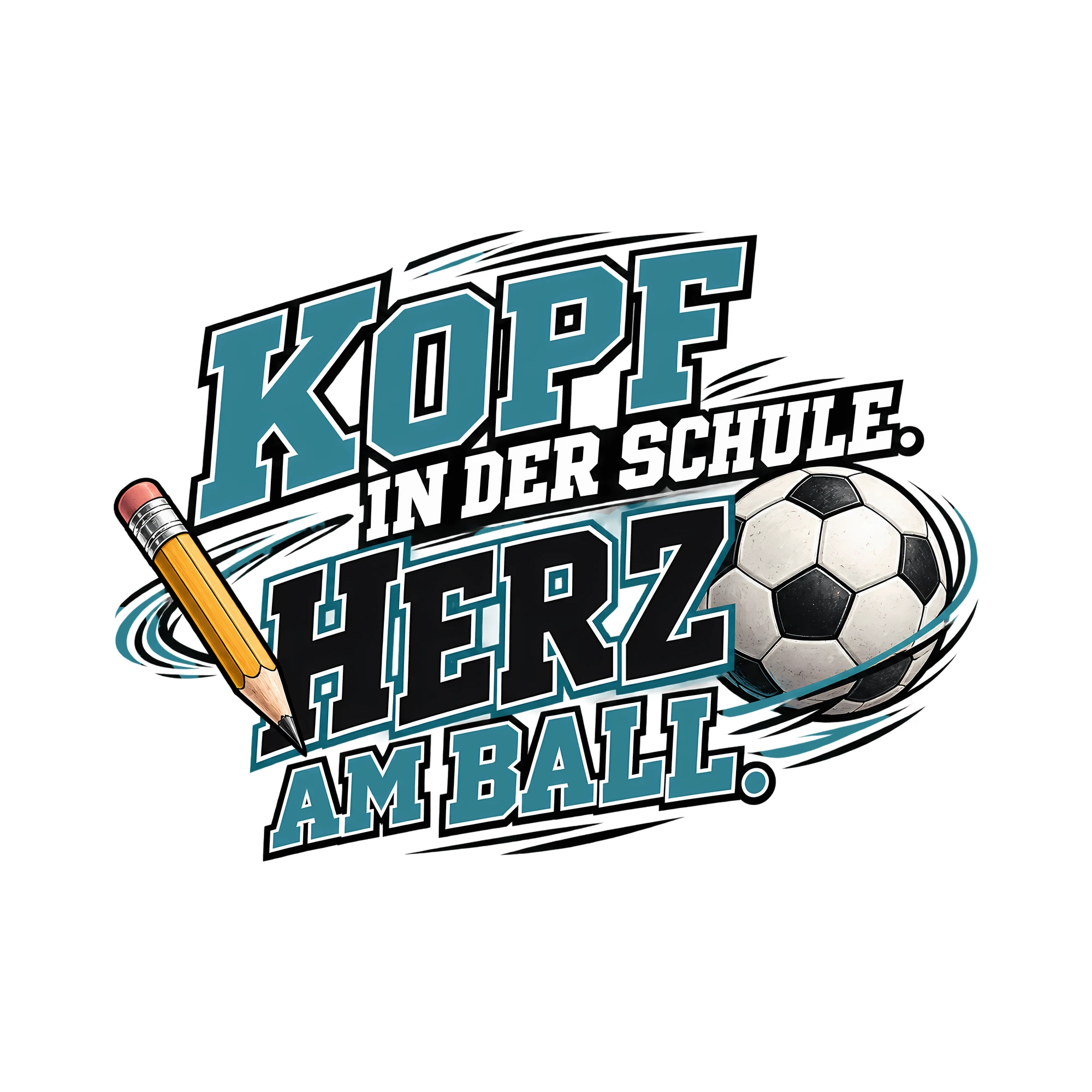Bügelbild KOPF IN DER SCHULE. HERZ AM BALL. als Grafik auf weißem Hintergrund (BB013362)