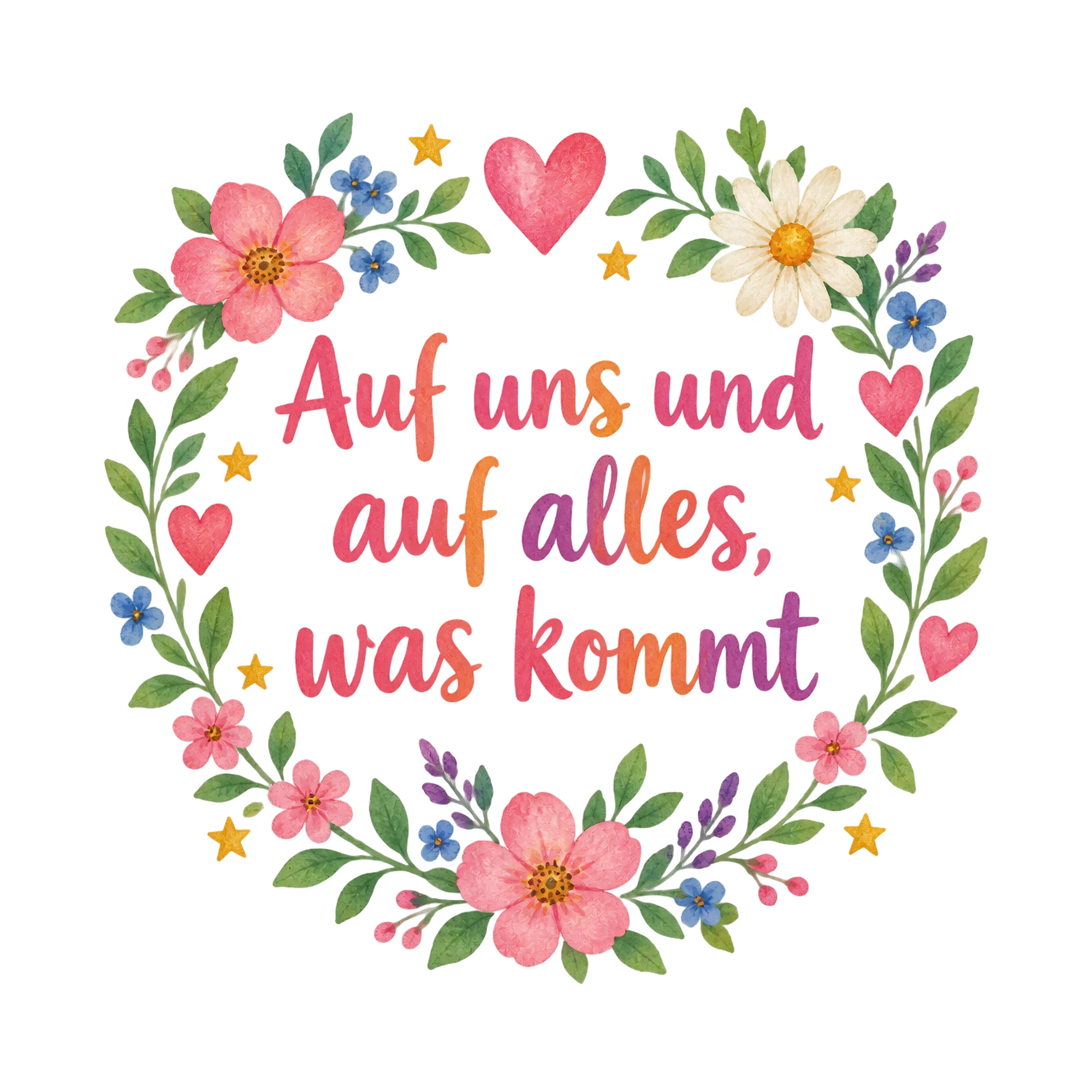 Bügelbild Auf uns und auf alles, was kommt, Party Shirt Spruch als Grafik auf weißem Hintergrund (BB018387)