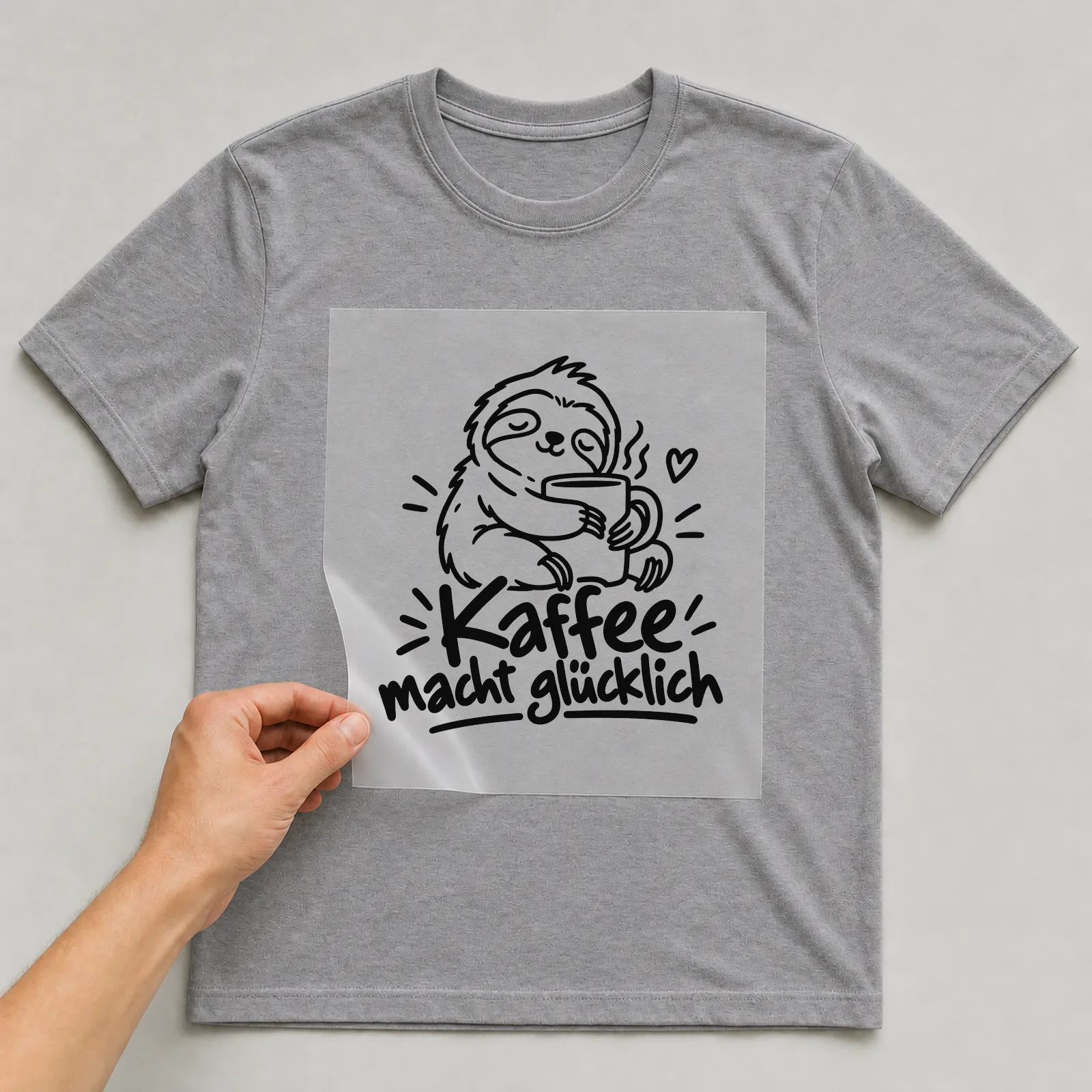 Bügelbild „Kaffee macht glücklich“ (Doodle-Stil) auf grauem T-Shirt, Folie wird aufgelegt