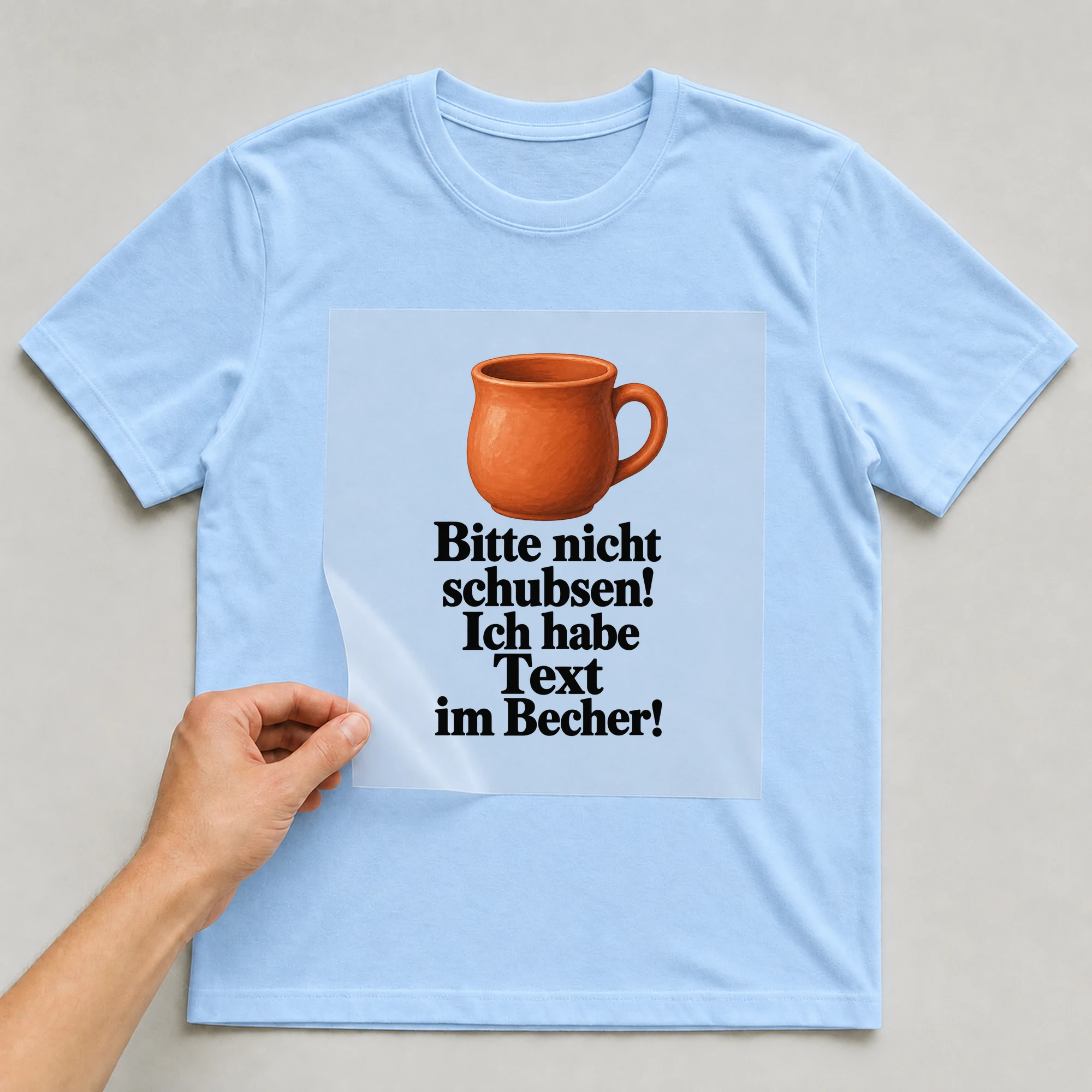 Bügelbild „Bitte nicht schubsen! Ich habe Text im Becher!“ auf babyblauem T-Shirt, Folie wird aufgelegt