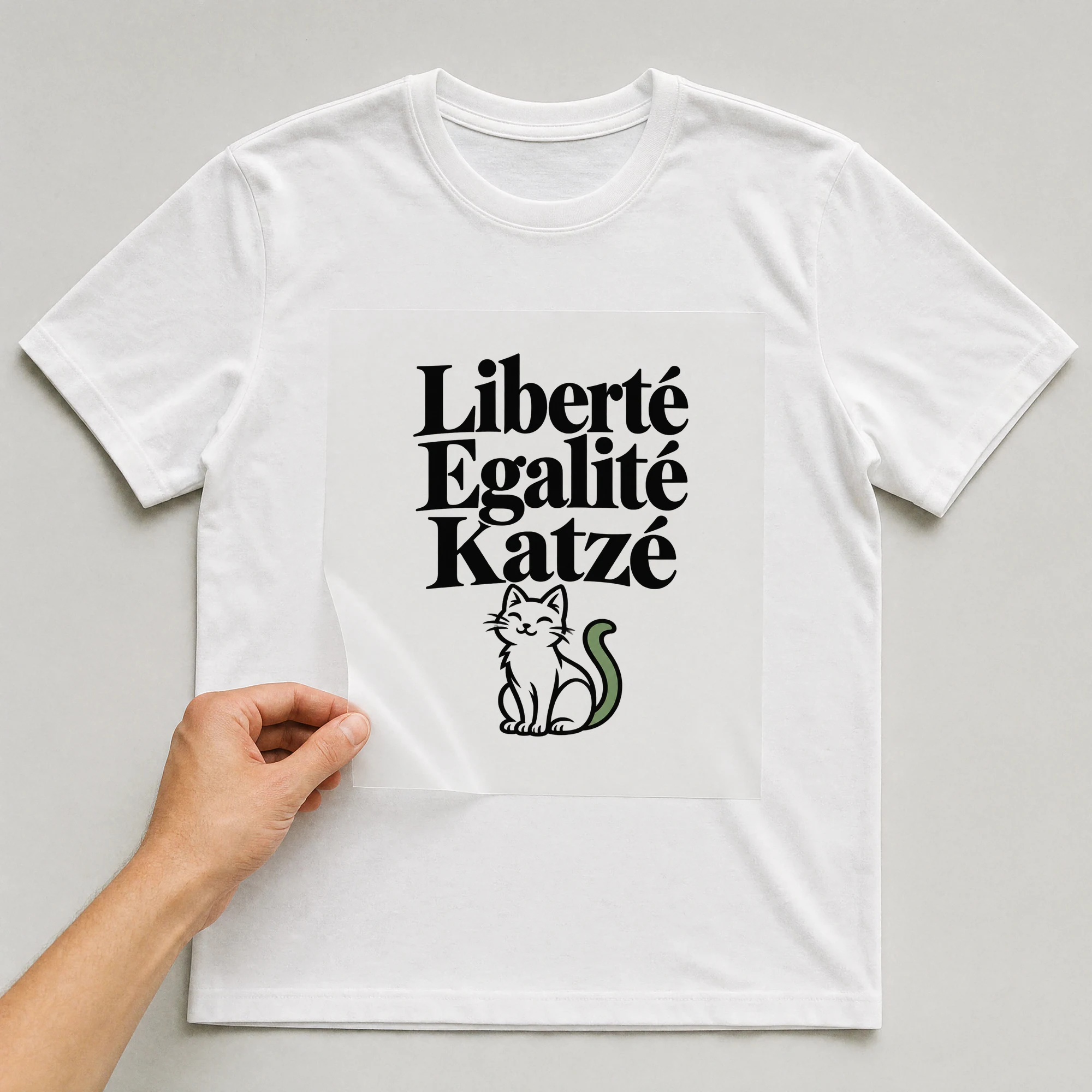 Bügelbild „Liberté Egalité Katzé“ auf weißem T-Shirt, Folie wird aufgelegt