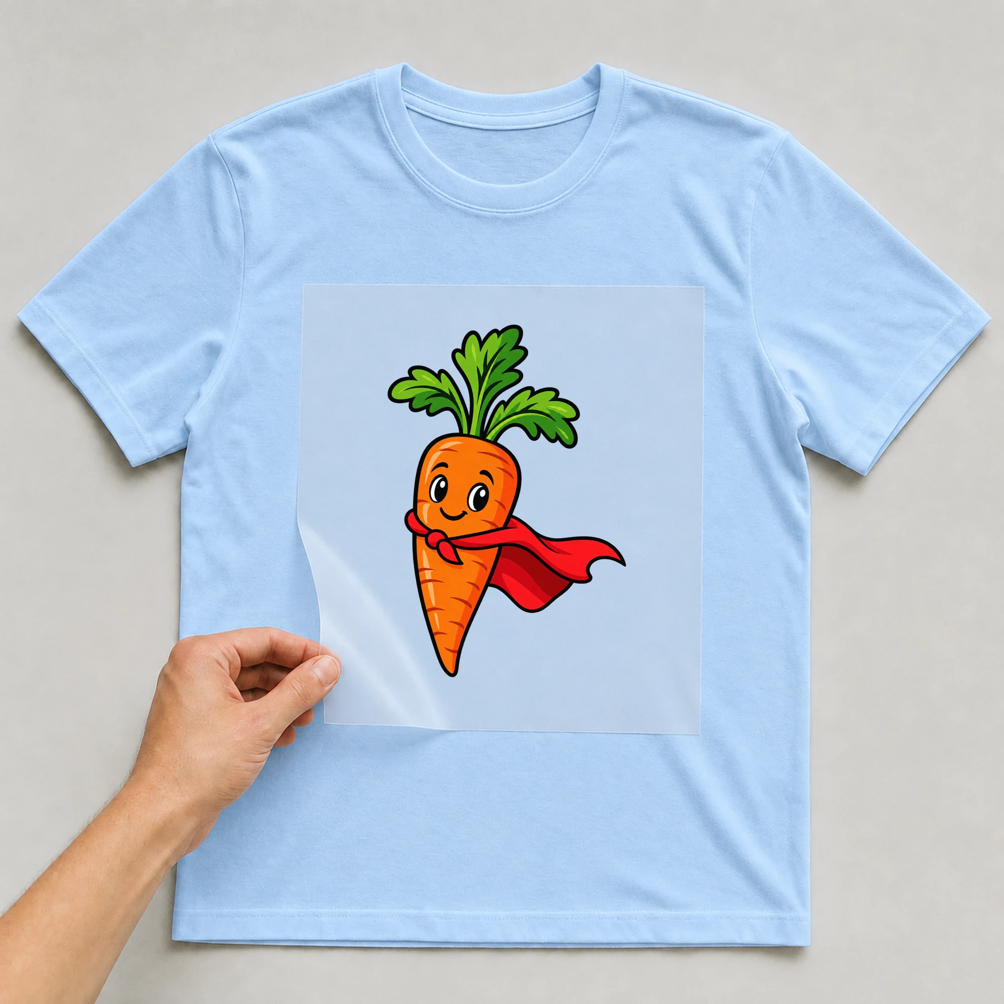 Bügelbild „Super Karotte“ auf babyblauem T-Shirt, Folie wird aufgelegt