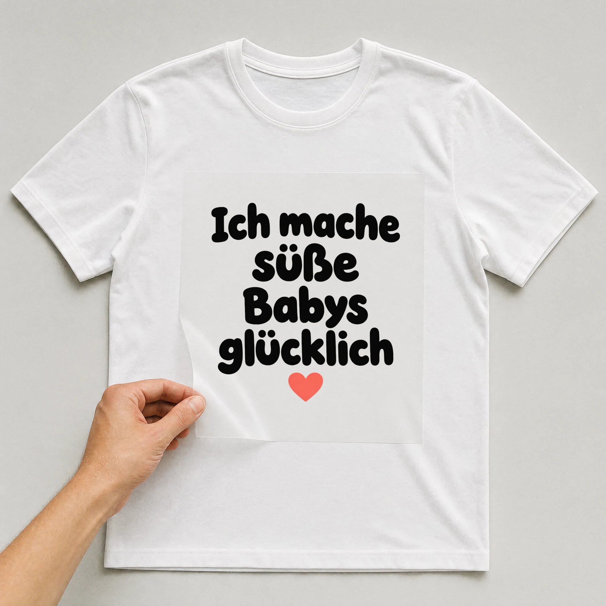 Bügelbild „Ich mache süße Babys glücklich“ auf weißem T-Shirt, Folie wird aufgelegt