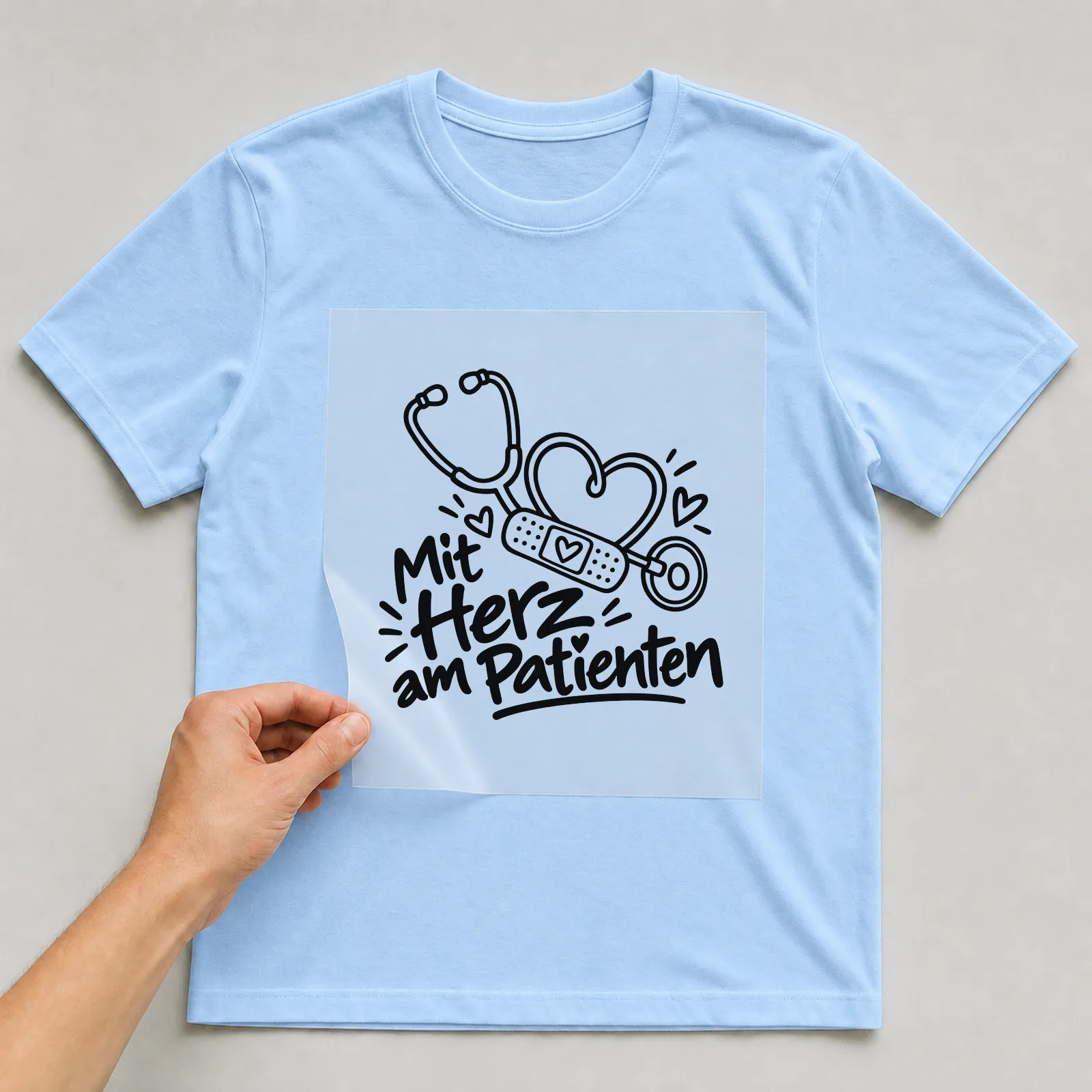 Bügelbild „Mit Herz am Patienten“ auf hellblauem T-Shirt, Folie wird aufgelegt
