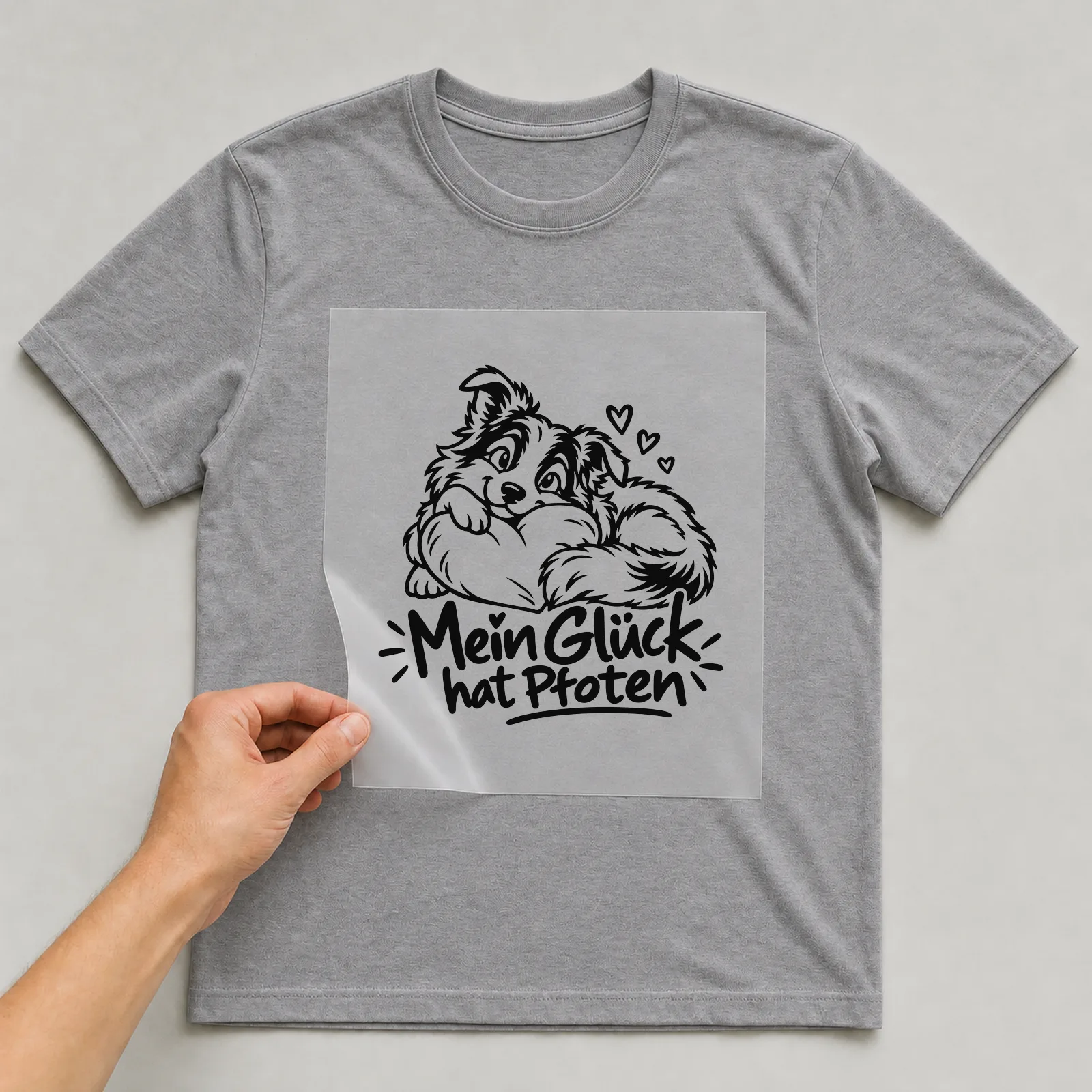 Bügelbild „Mein Glück hat Pfoten“ auf grauem T-Shirt, Folie wird aufgelegt