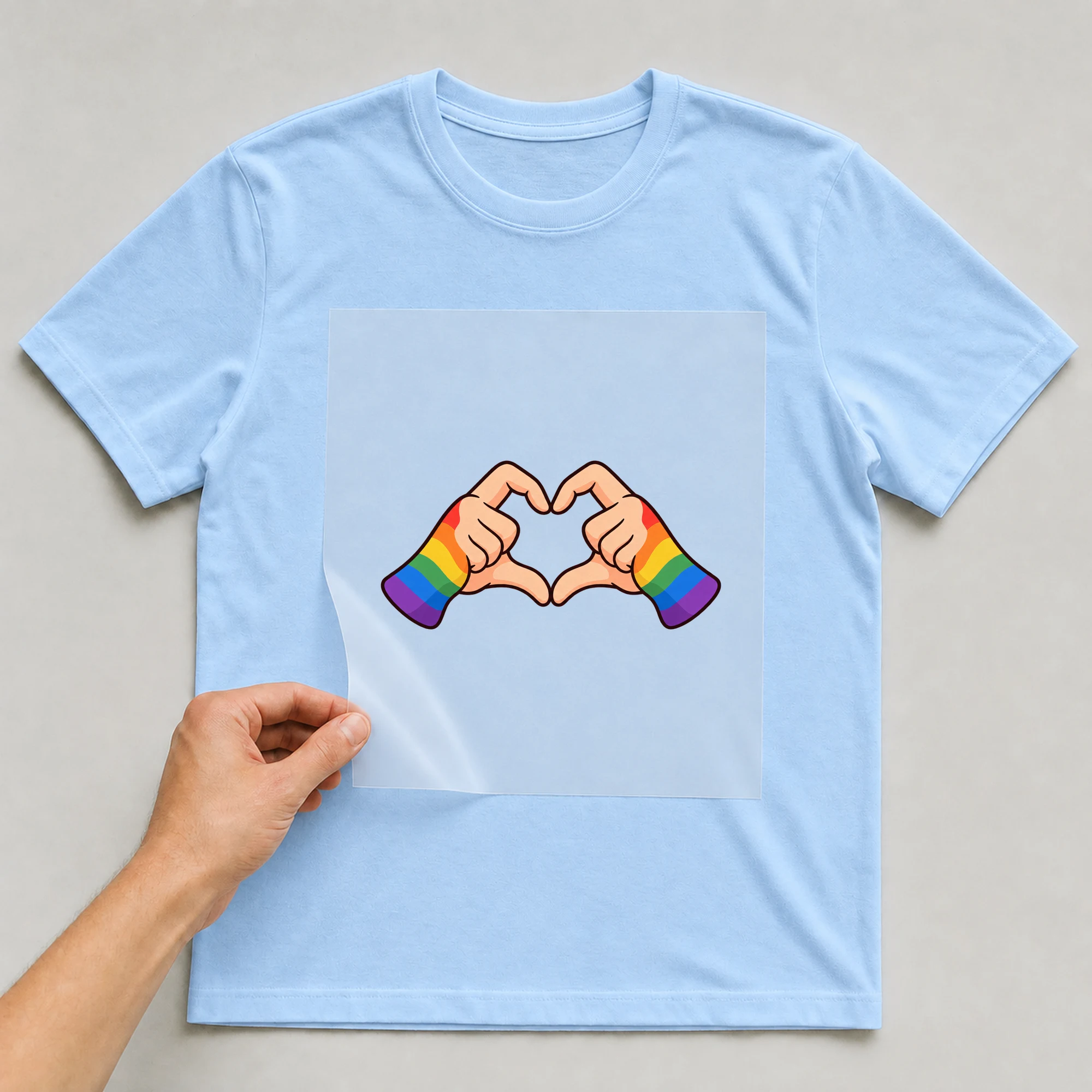 Bügelbild „One Love Herz“ auf babyblauem T-Shirt, Folie wird aufgelegt