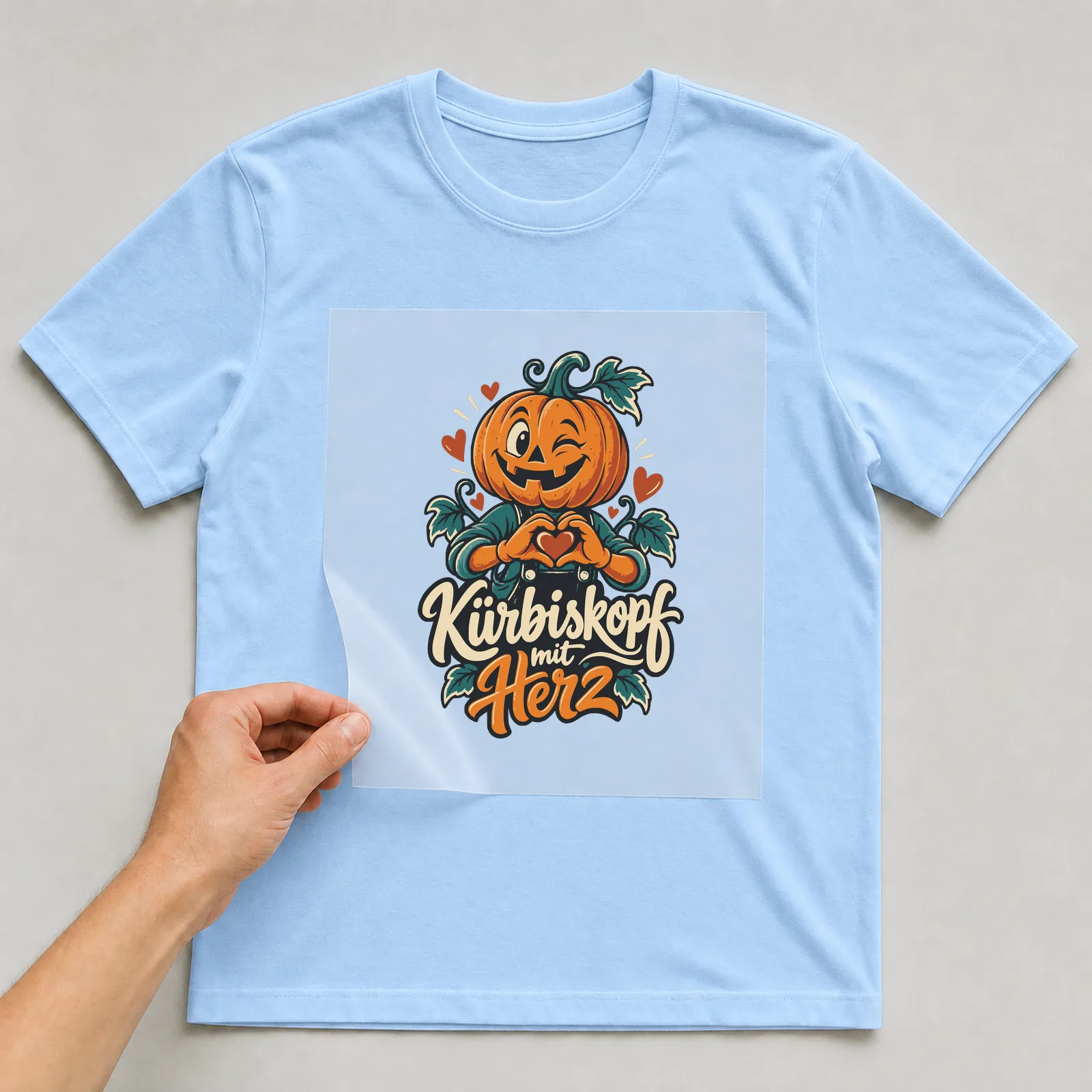 Bügelbild Kürbiskopf mit Herz auf hellblauem T-Shirt, Folie wird aufgelegt