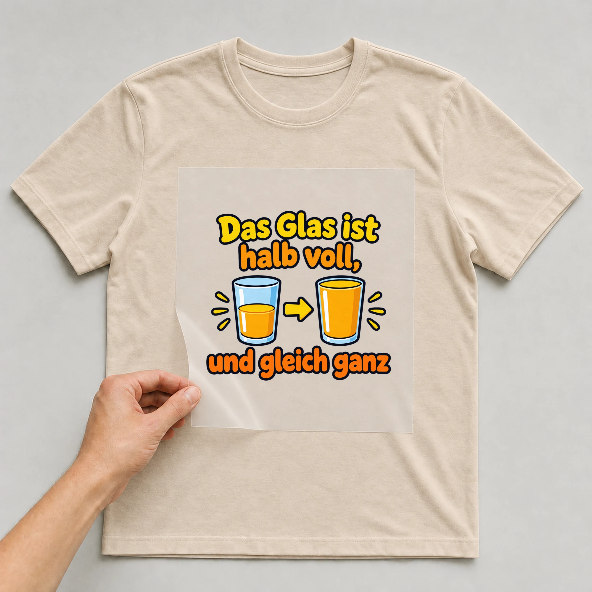 Bügelbild „Das Glas ist halb voll, und gleich ganz“ auf beigem T-Shirt, Folie wird aufgelegt