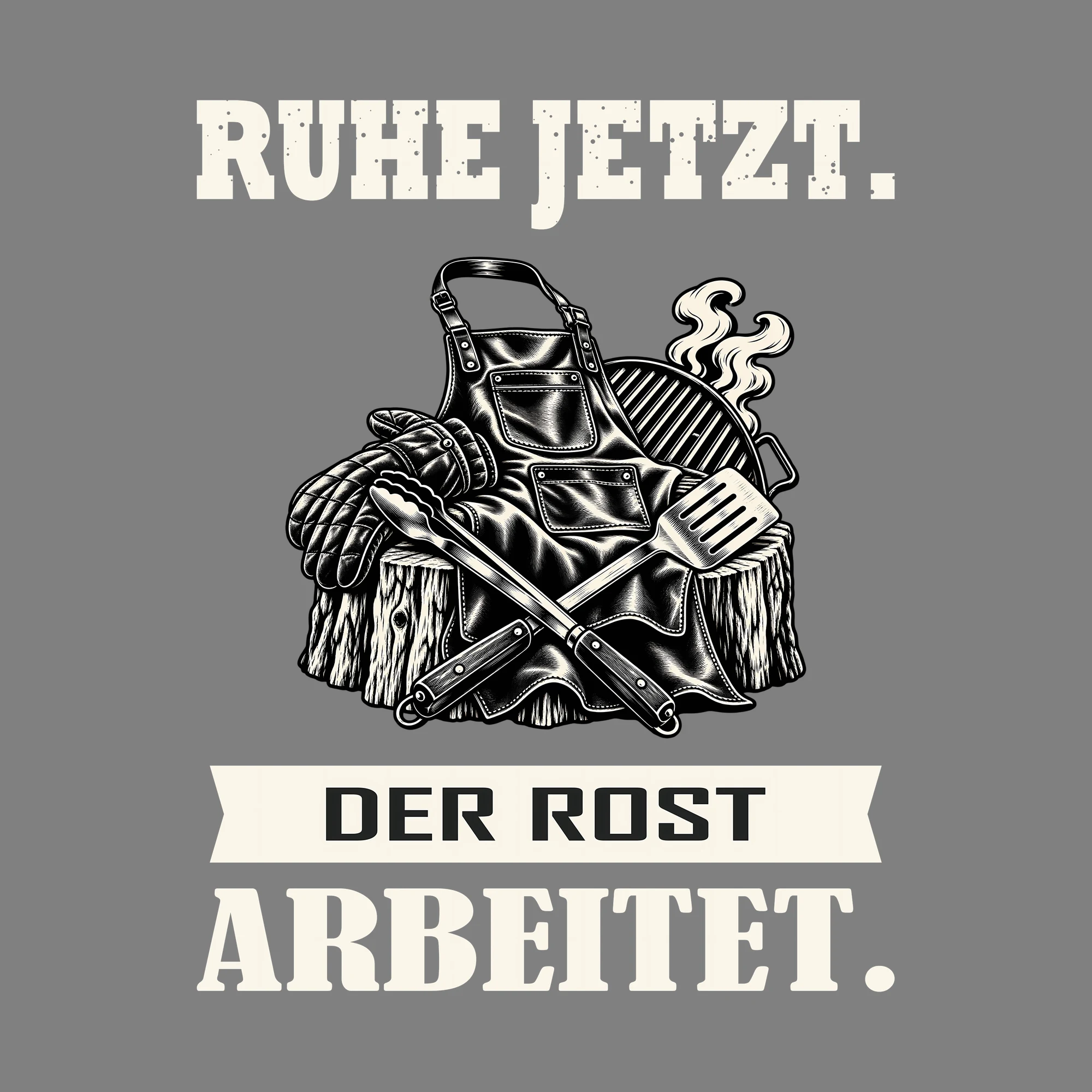 Bügelbild RUHE JETZT. DER ROST ARBEITET. als Grafik auf dunklem Hintergrund (BB012037)