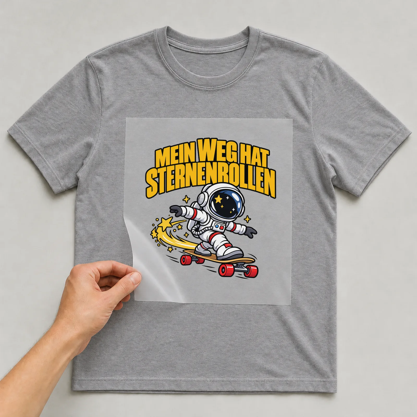 Bügelbild „Mein weg hat Sternenrollen“ auf grauem T-Shirt, Folie wird aufgelegt