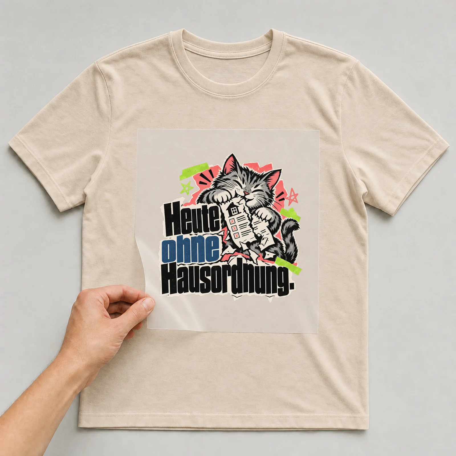 Bügelbild „Heute ohne Hausordnung“ auf beigem T-Shirt, Folie wird aufgelegt