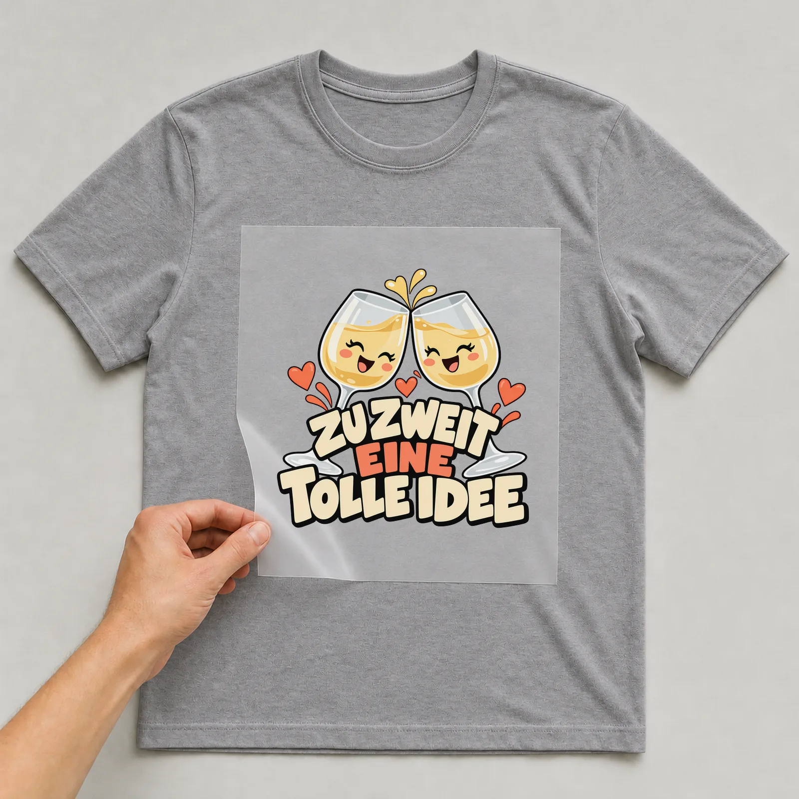 Bügelbild „Zu zweit eine tolle Idee“ auf grauem T-Shirt, Folie wird aufgelegt