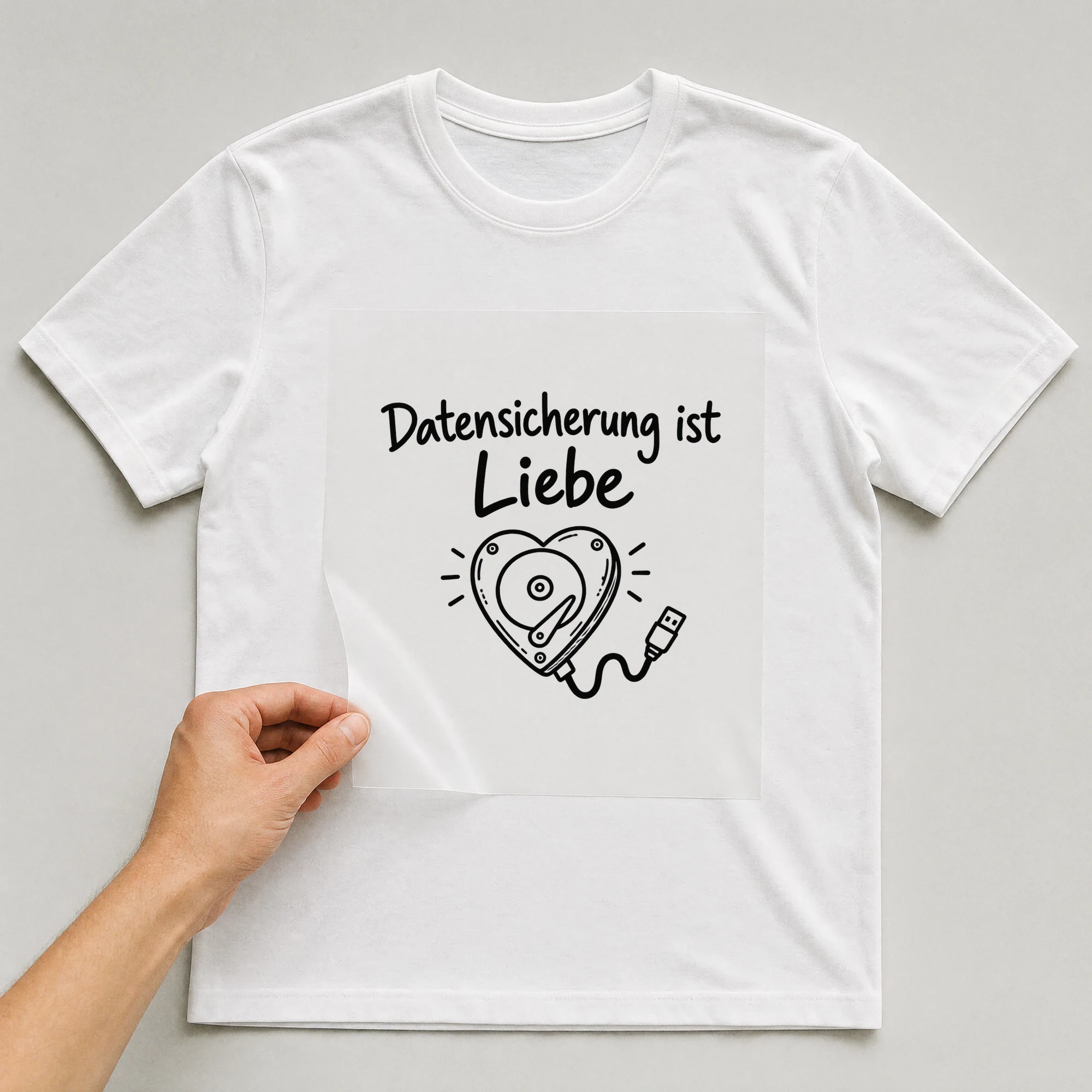 Bügelbild „Datensicherung ist Liebe“ auf weißem T-Shirt, Folie wird aufgelegt